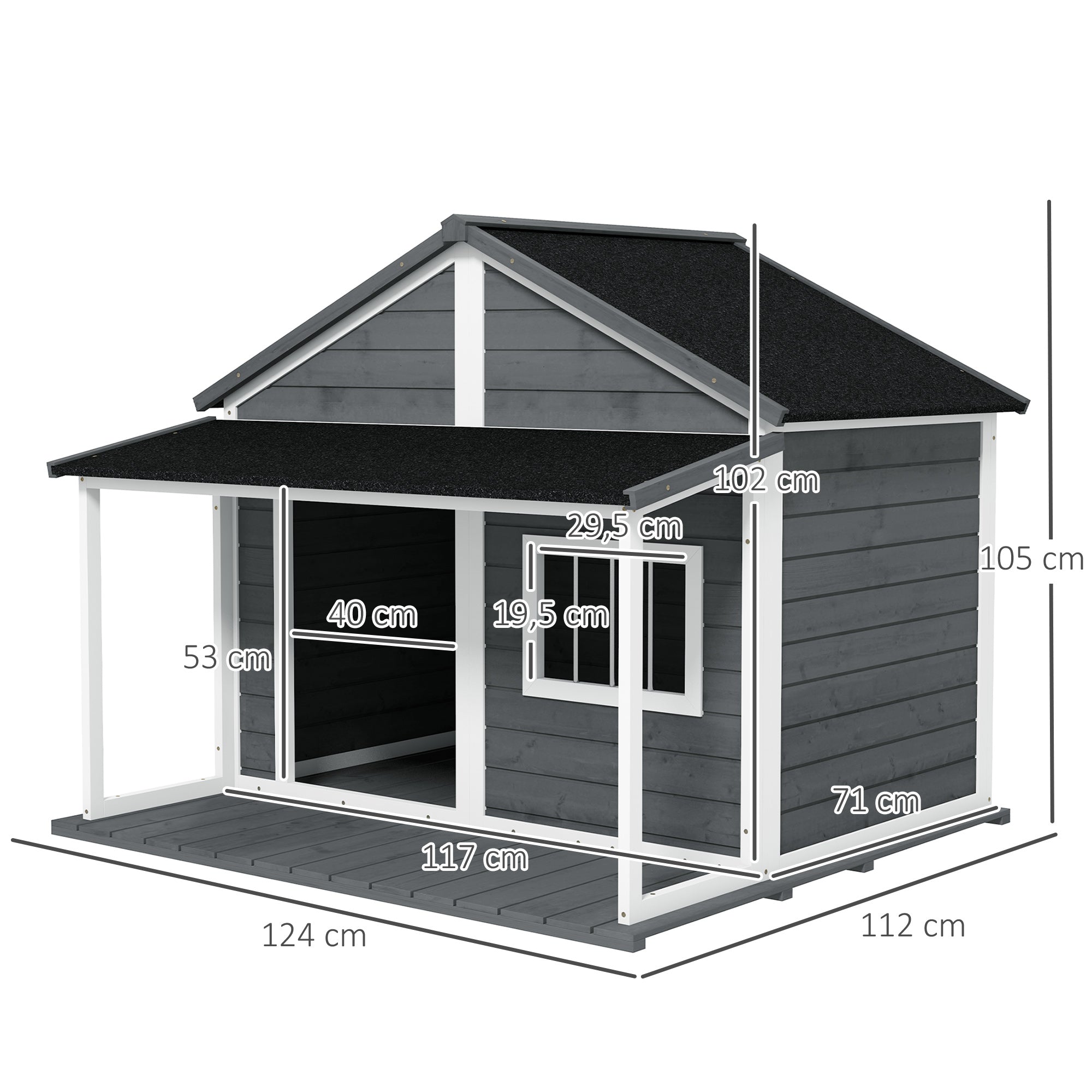 Solid Wood Dog House Small Animal House with Terrace Asphalt Roof Outdoor Weatherproof Shelter for Outside Gray 124 x 112 x 105 cm