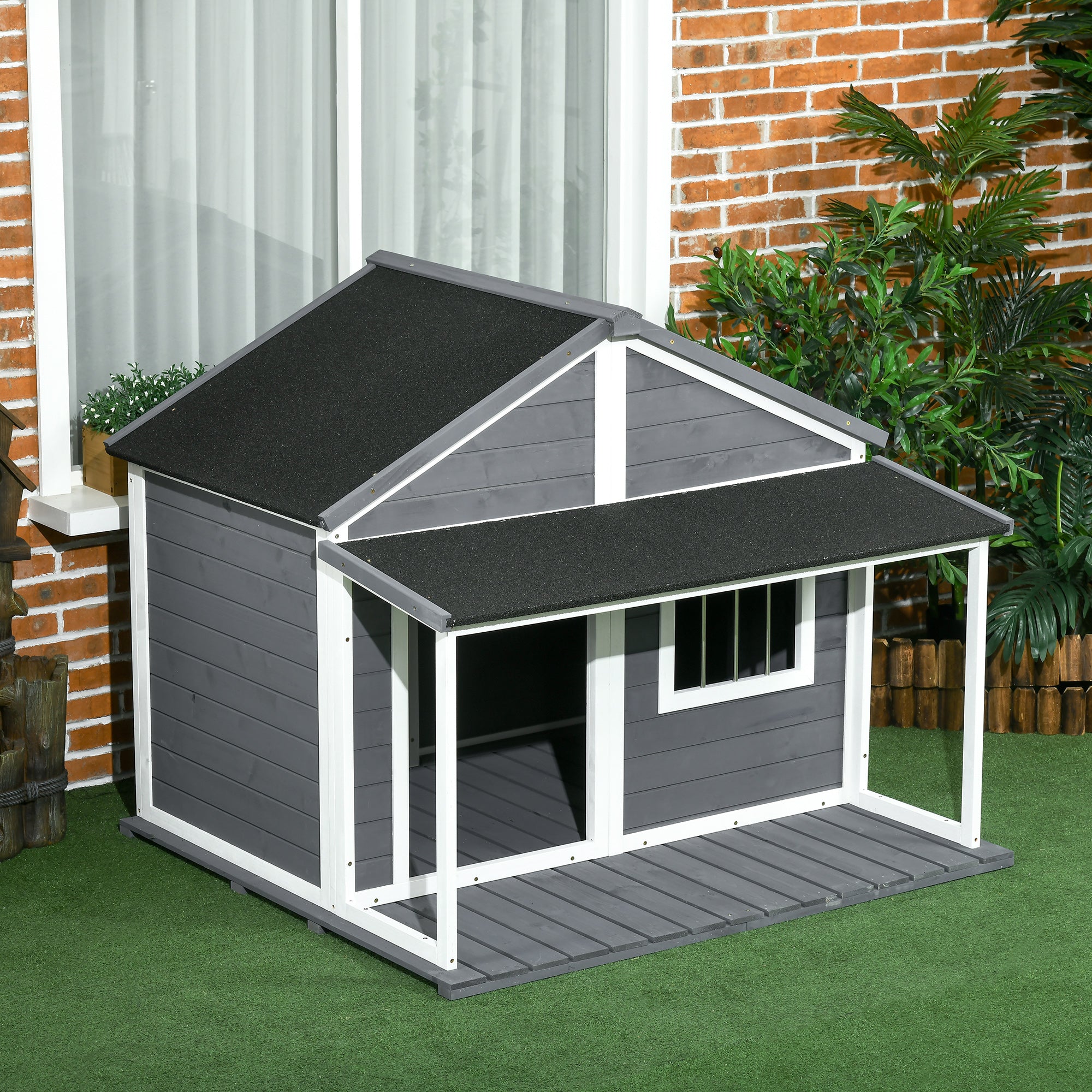 Solid Wood Dog House Small Animal House with Terrace Asphalt Roof Outdoor Weatherproof Shelter for Outside Gray 124 x 112 x 105 cm