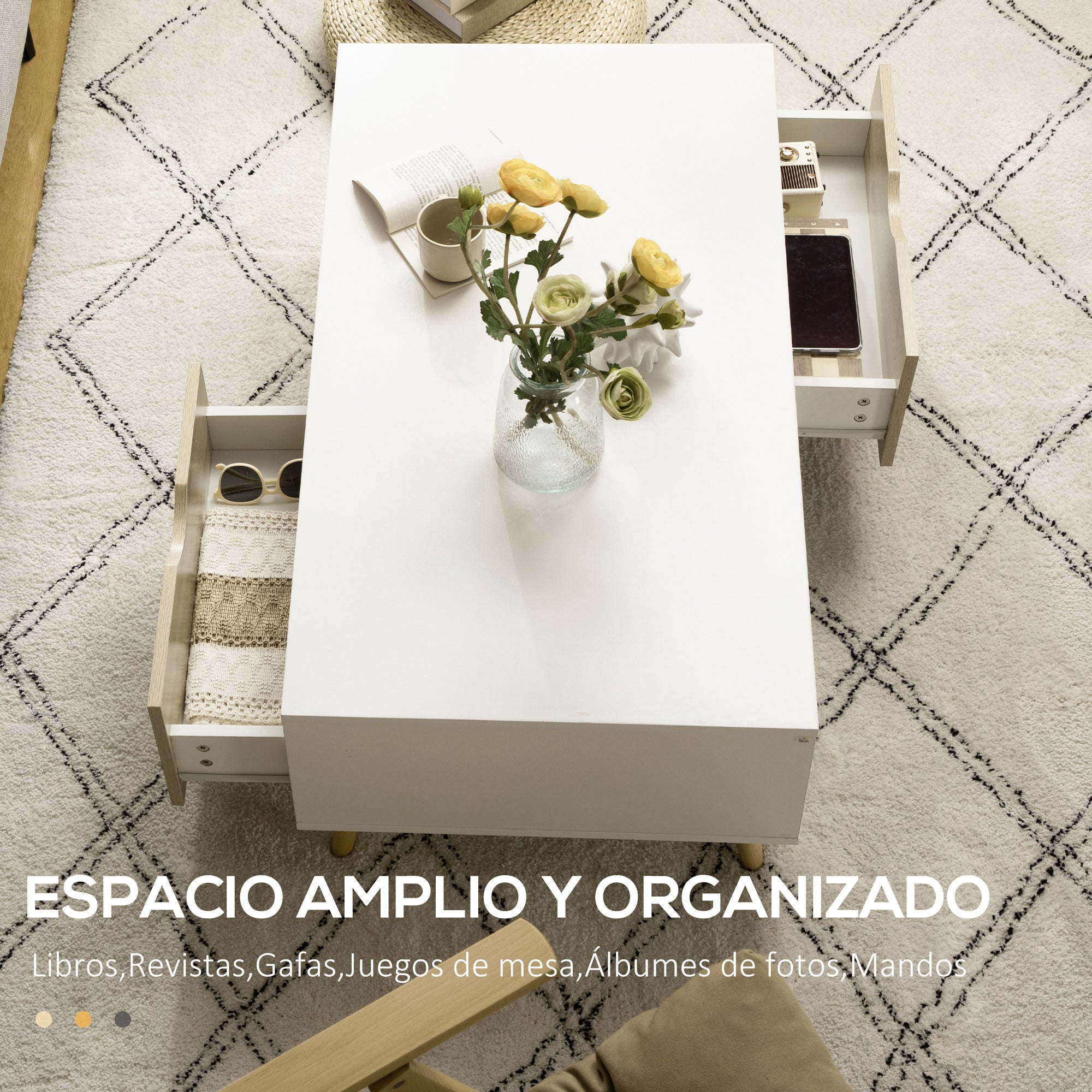 Modern Coffee Table with 2 Drawers and Open Compartments for Office Bedroom Study Room 106x58x39.5 cm White