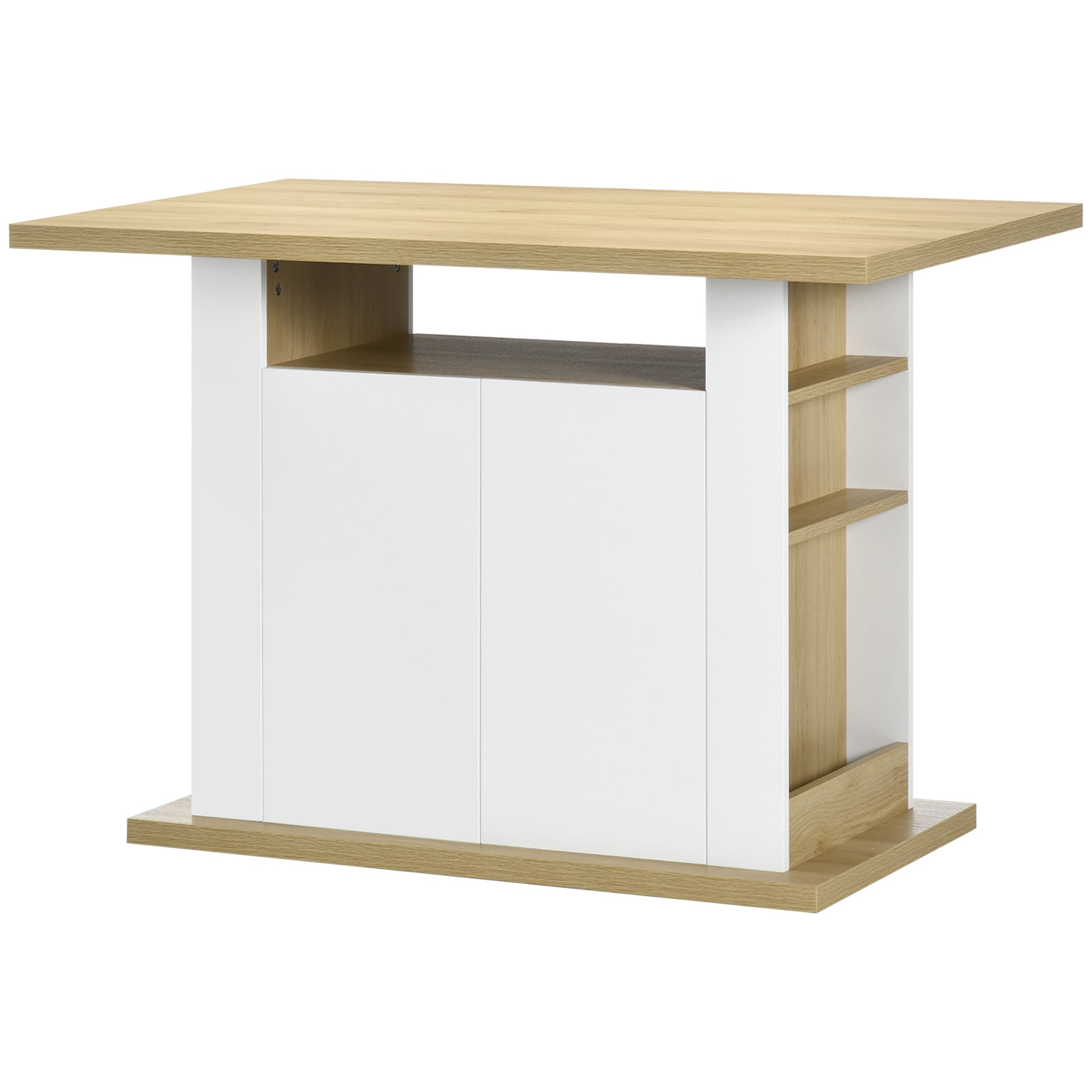 Central Island Dining Table Kitchen Storage Furniture Table with Large Worktop 4-6 People - 4-Door Cupboard and Shelves - Wood - dim. 110L x 70W x 75.5H cm white and natural