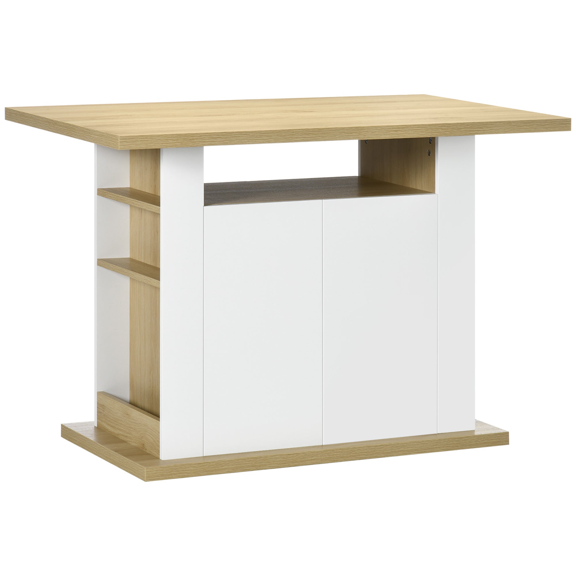 Central Island Dining Table Kitchen Storage Furniture Table with Large Worktop 4-6 People - 4-Door Cupboard and Shelves - Wood - dim. 110L x 70W x 75.5H cm white and natural