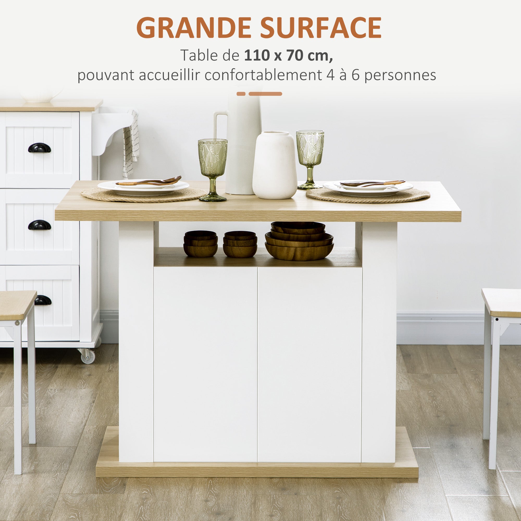 Central Island Dining Table Kitchen Storage Furniture Table with Large Worktop 4-6 People - 4-Door Cupboard and Shelves - Wood - dim. 110L x 70W x 75.5H cm white and natural