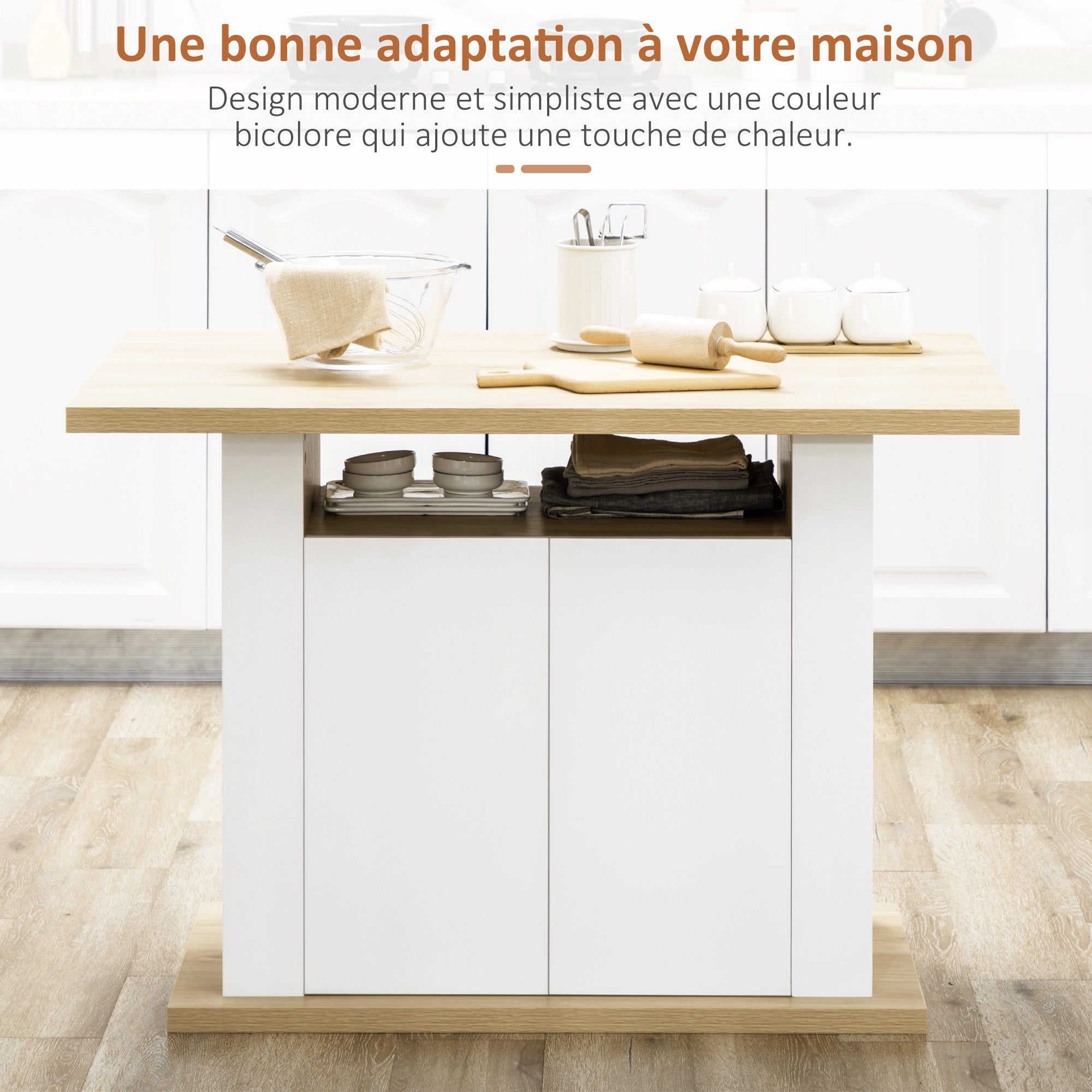 Central Island Dining Table Kitchen Storage Furniture Table with Large Worktop 4-6 People - 4-Door Cupboard and Shelves - Wood - dim. 110L x 70W x 75.5H cm white and natural