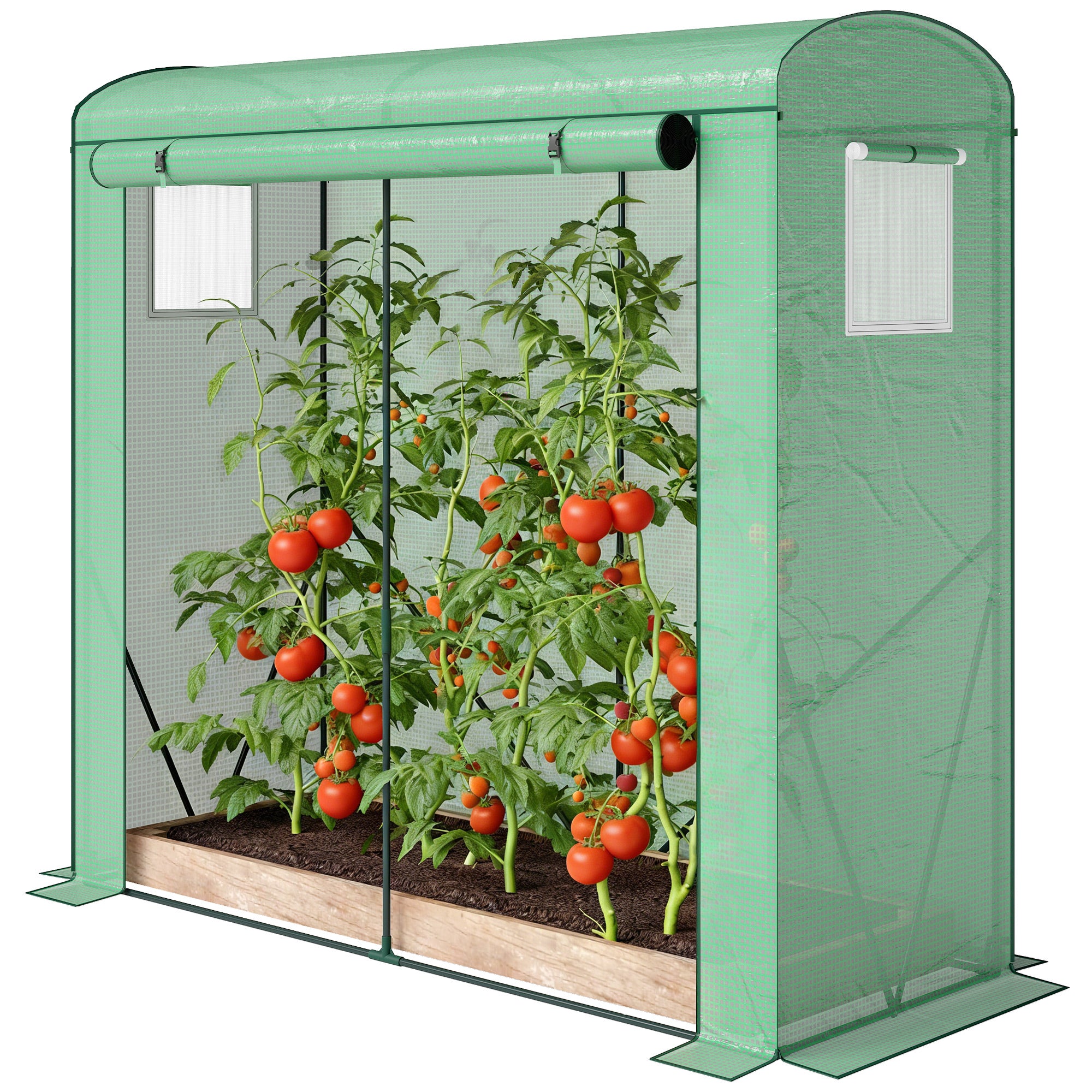Greenhouse with Mesh Windows & Roll-Up Door, Steel-Frame PE Greenhouse, 200 x 75 x 188 cm, Ideal for Tomatoes, Vegetables & Flowers, Green