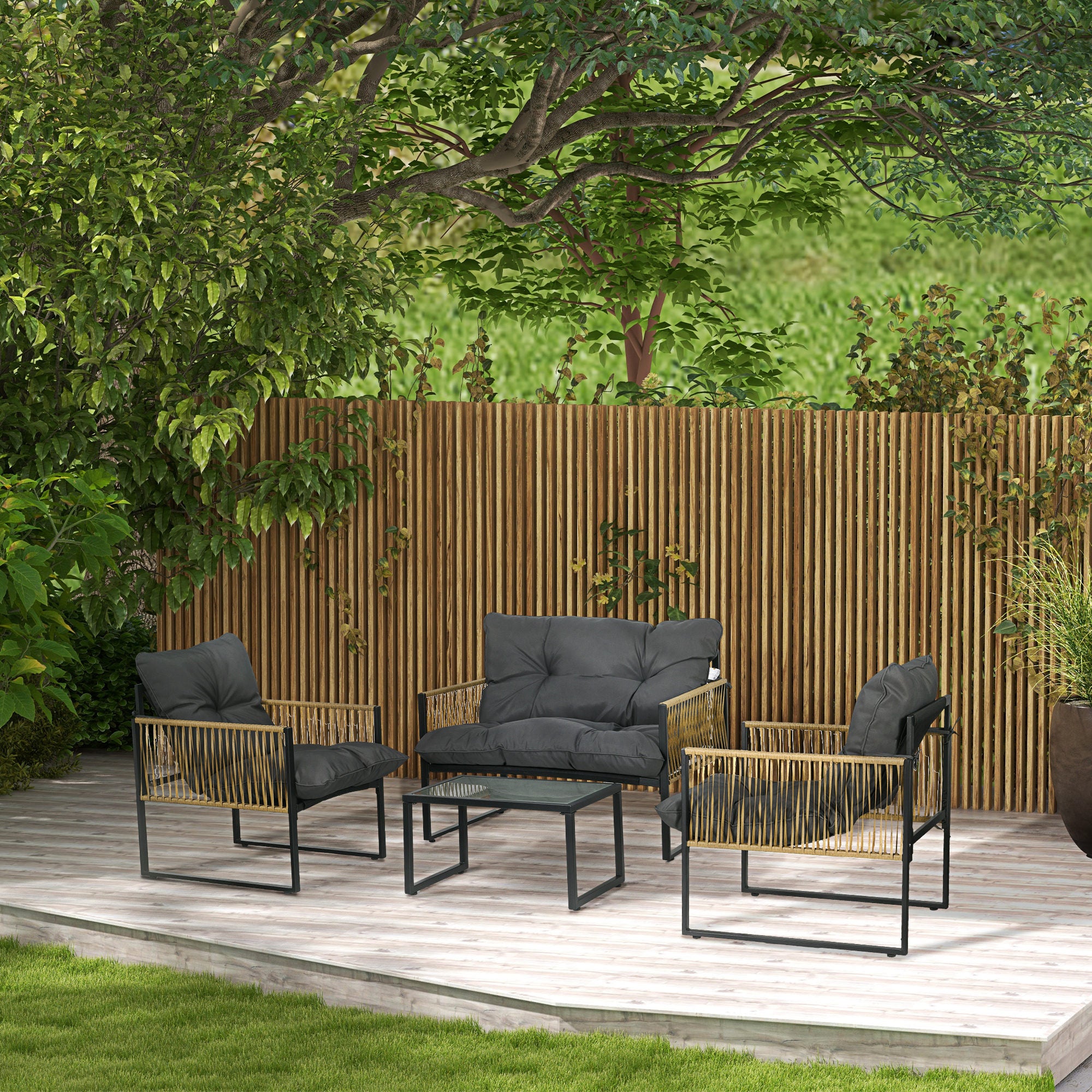 4-Piece Garden Furniture Set, 2-Seater Sofa, 2 Armchairs, and 1 Coffee Table with Tempered Glass Top, 3 Cushions, Steel and PE Rattan - Grey