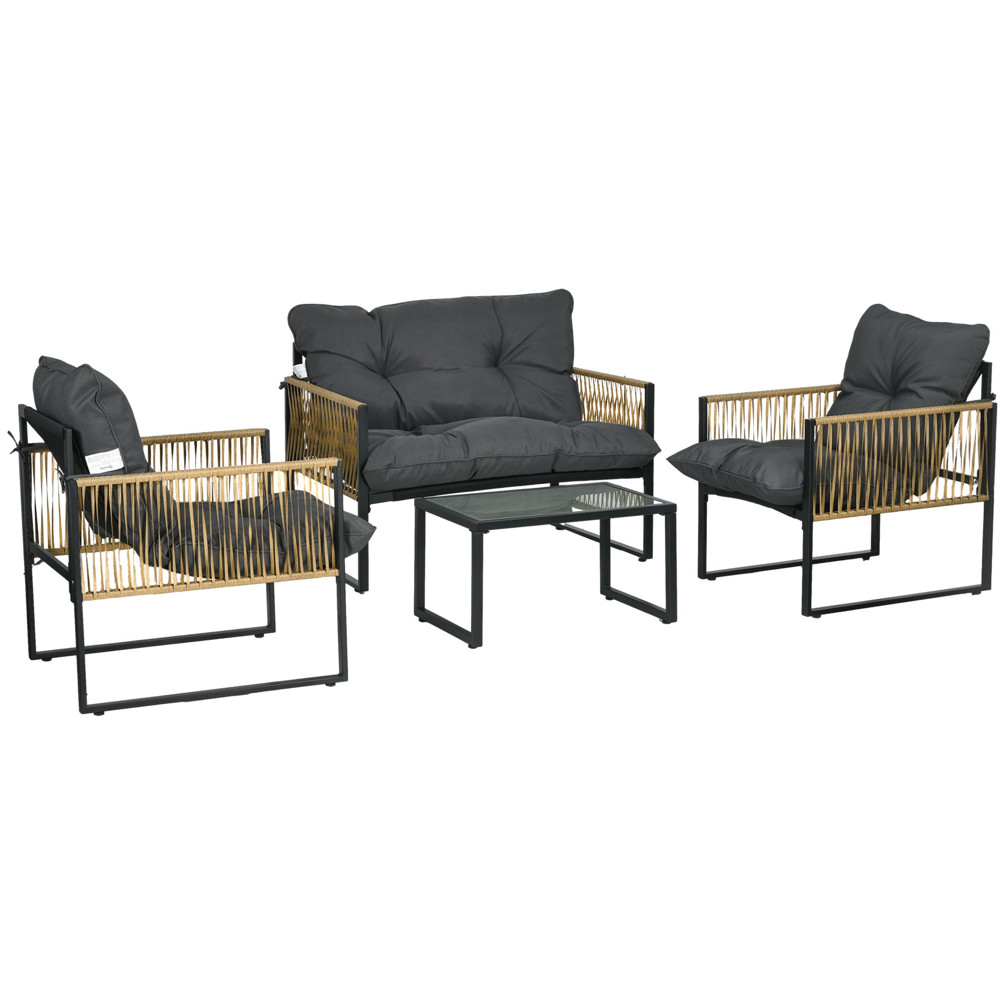 4-Piece Garden Furniture Set, 2-Seater Sofa, 2 Armchairs, and 1 Coffee Table with Tempered Glass Top, 3 Cushions, Steel and PE Rattan - Grey