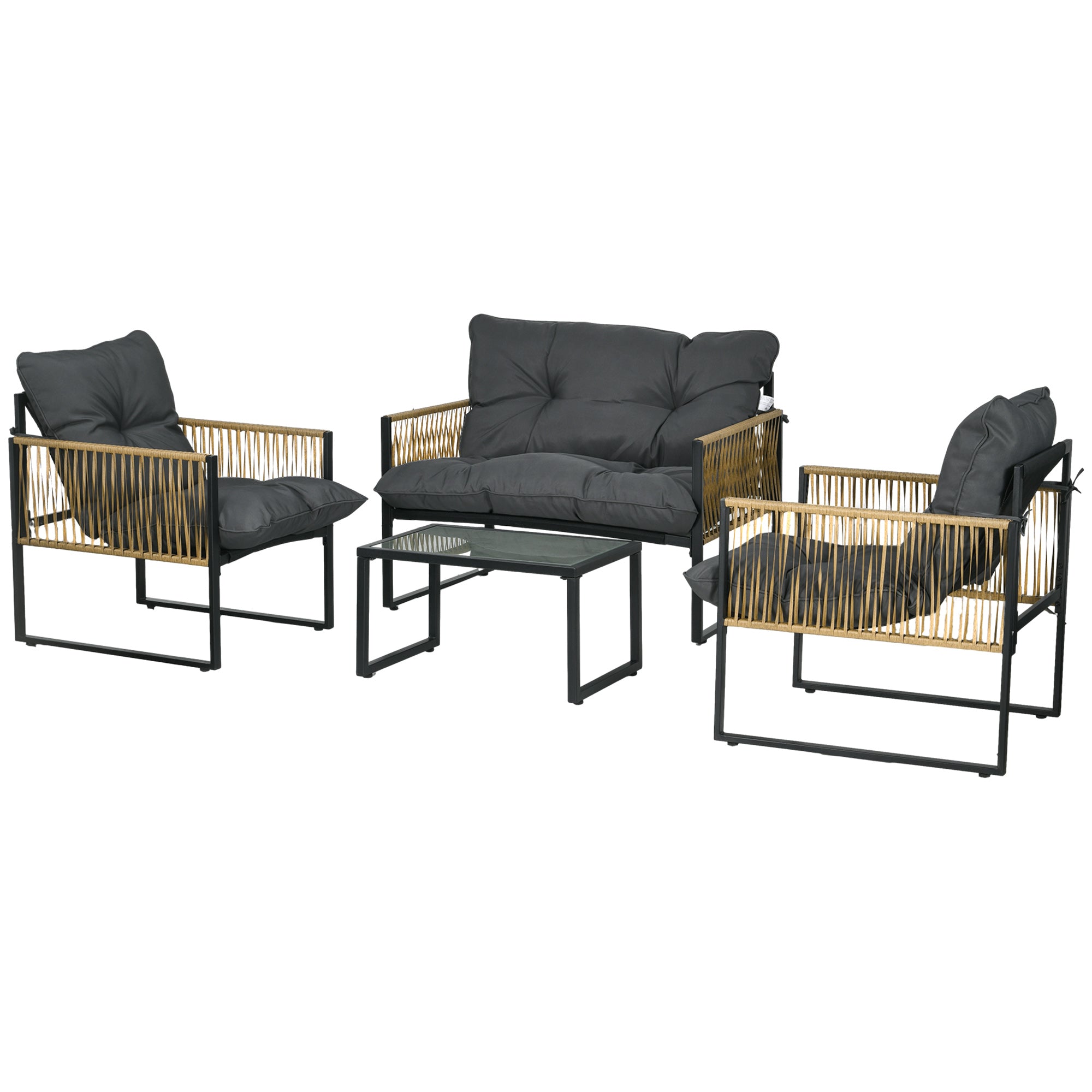 4-Piece Garden Furniture Set, 2-Seater Sofa, 2 Armchairs, and 1 Coffee Table with Tempered Glass Top, 3 Cushions, Steel and PE Rattan - Grey