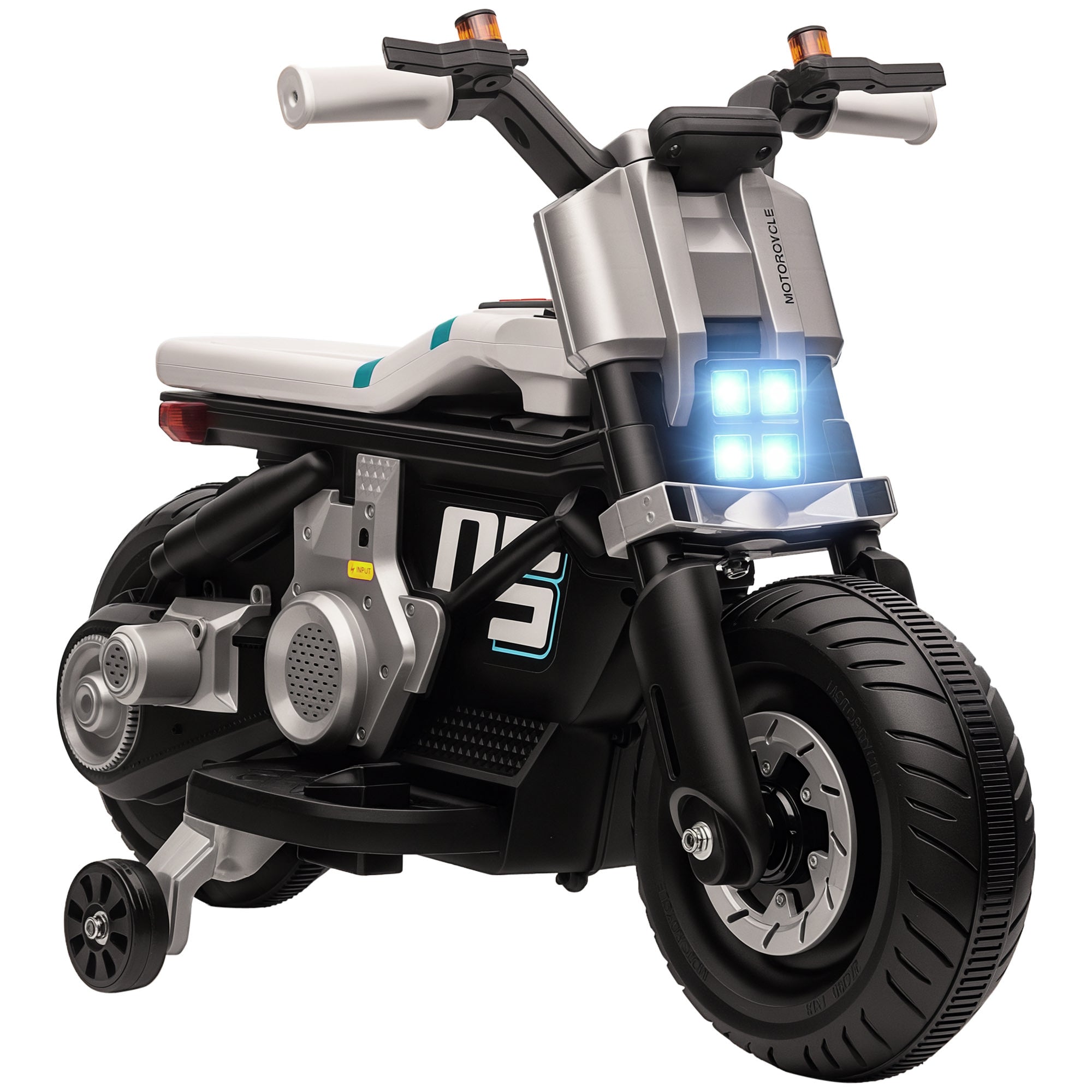 Kids Electric Motorcycle 6V Battery-Powered Motorcycle with Headlights Music Horn 3 km/h Speed Forward Reverse and Training Wheels for Kids 3-5 Years Old Load 25 kg 86x44x58 cm Black and White