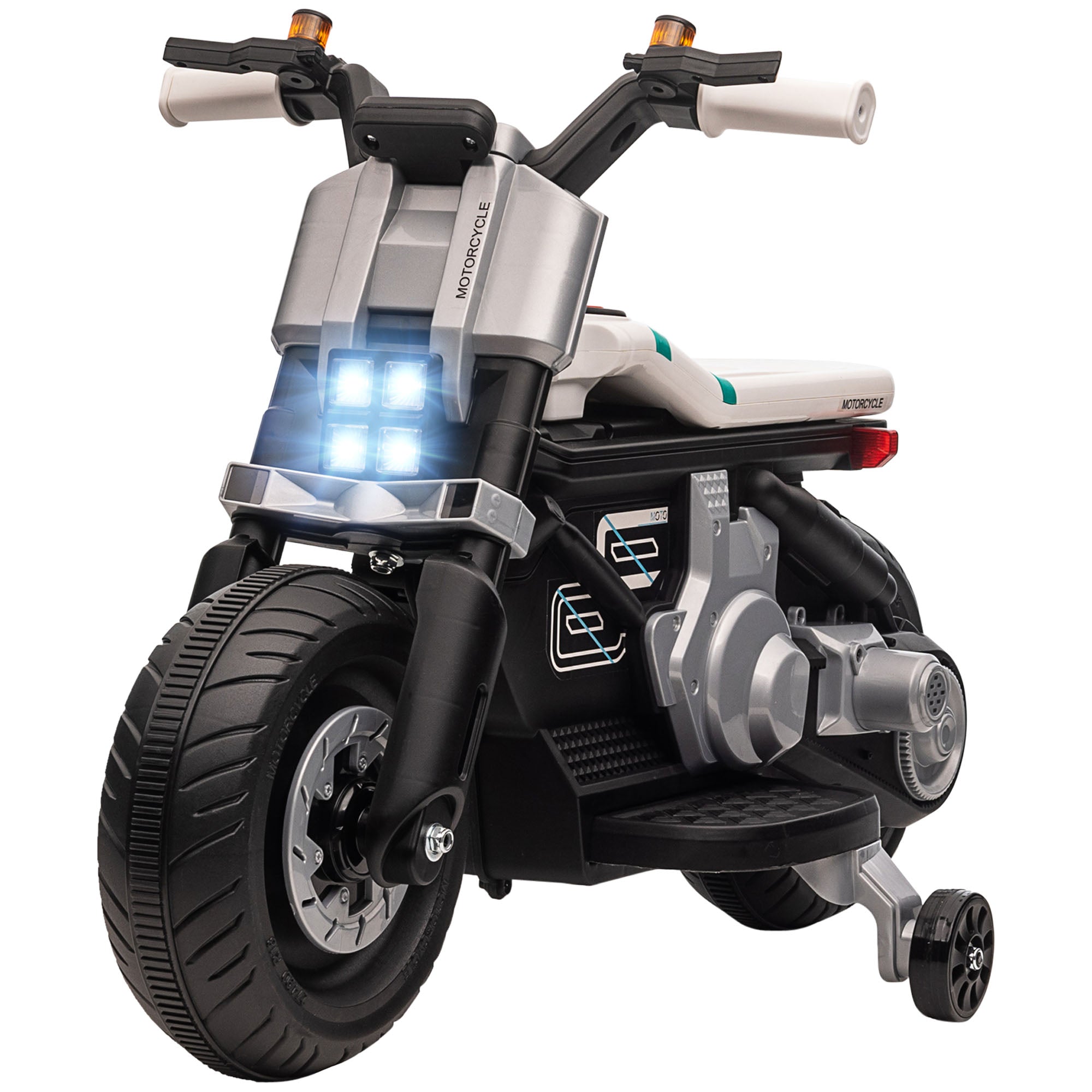 Kids Electric Motorcycle 6V Battery-Powered Motorcycle with Headlights Music Horn 3 km/h Speed Forward Reverse and Training Wheels for Kids 3-5 Years Old Load 25 kg 86x44x58 cm Black and White