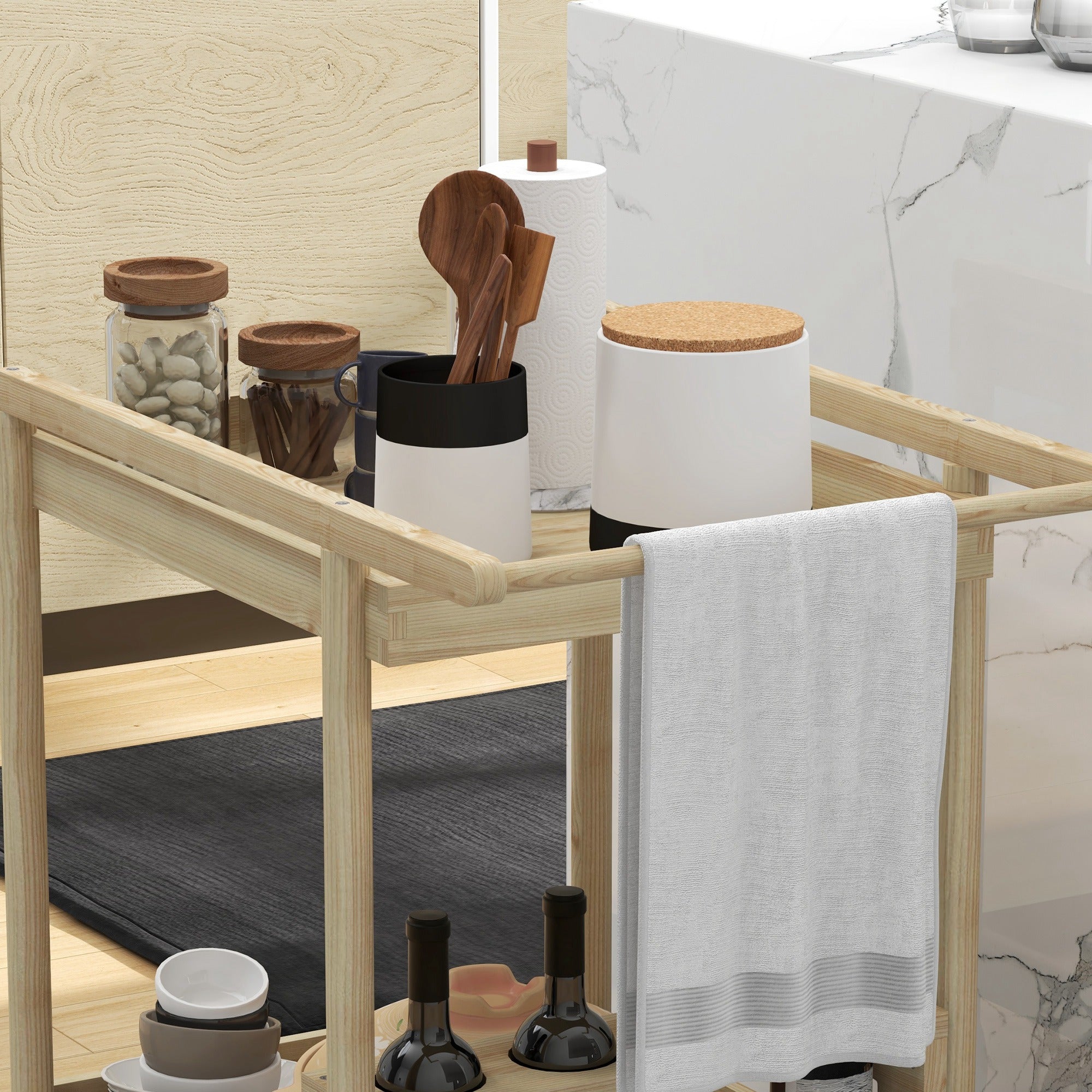 Garden Trolley Cart for Plancha BBQ in Natural Wood with Handle, 2 Trays, and Wine Bottle Holder dim. 78L x 58.5W x 75H cm