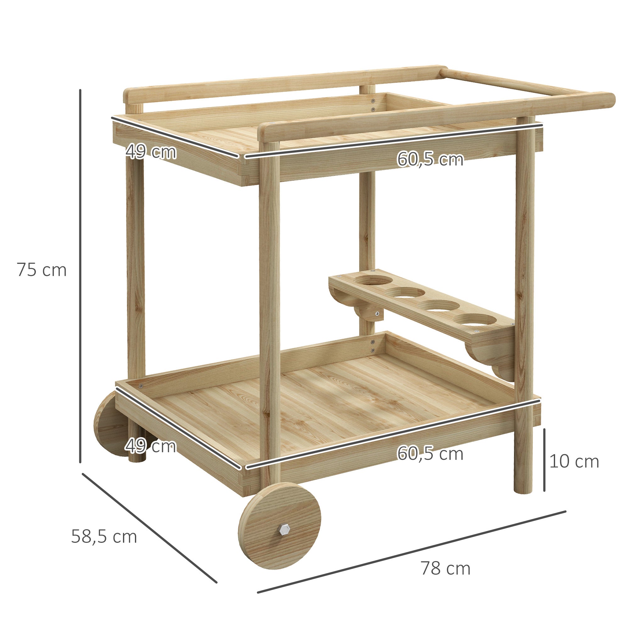 Garden Trolley Cart for Plancha BBQ in Natural Wood with Handle, 2 Trays, and Wine Bottle Holder dim. 78L x 58.5W x 75H cm