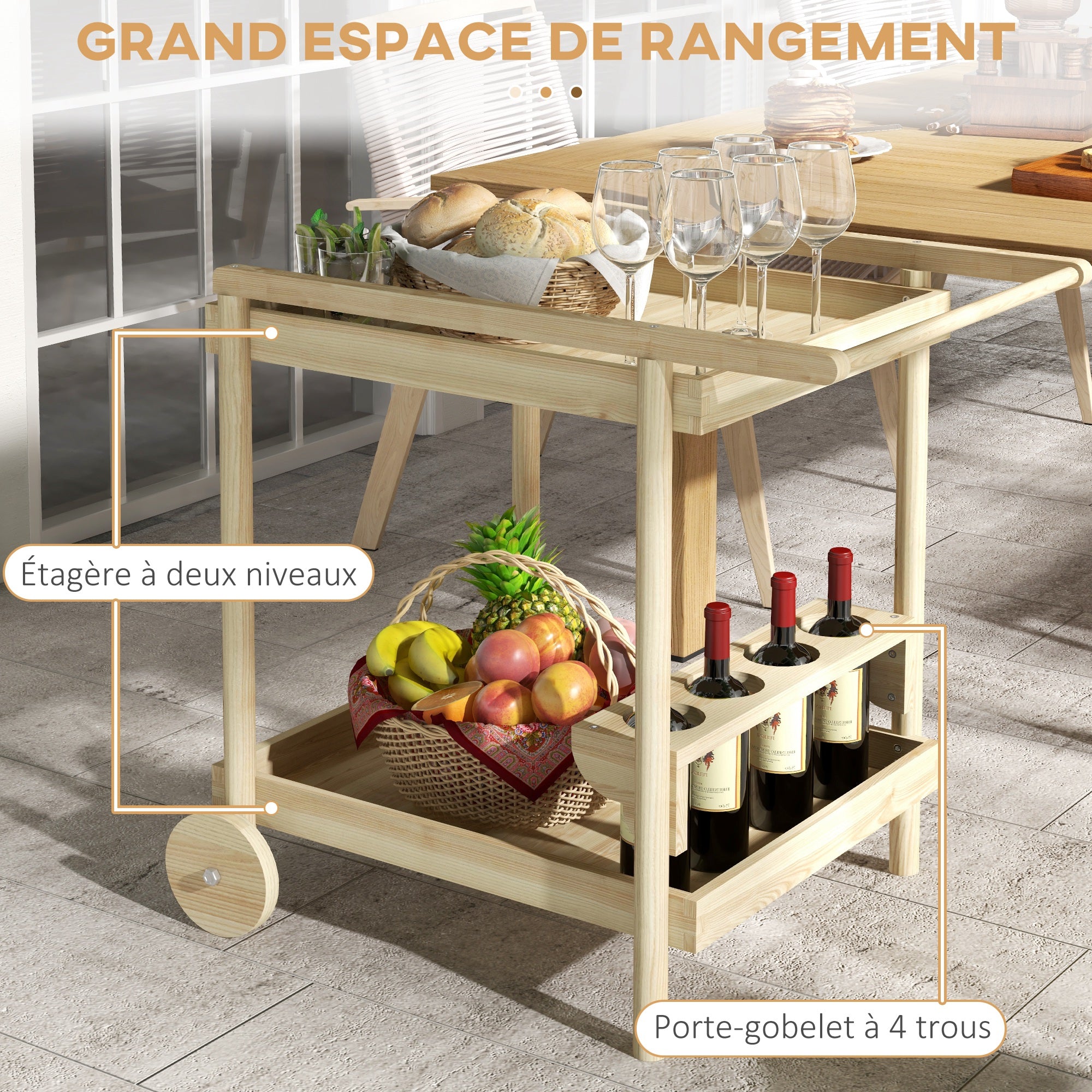 Garden Trolley Cart for Plancha BBQ in Natural Wood with Handle, 2 Trays, and Wine Bottle Holder dim. 78L x 58.5W x 75H cm
