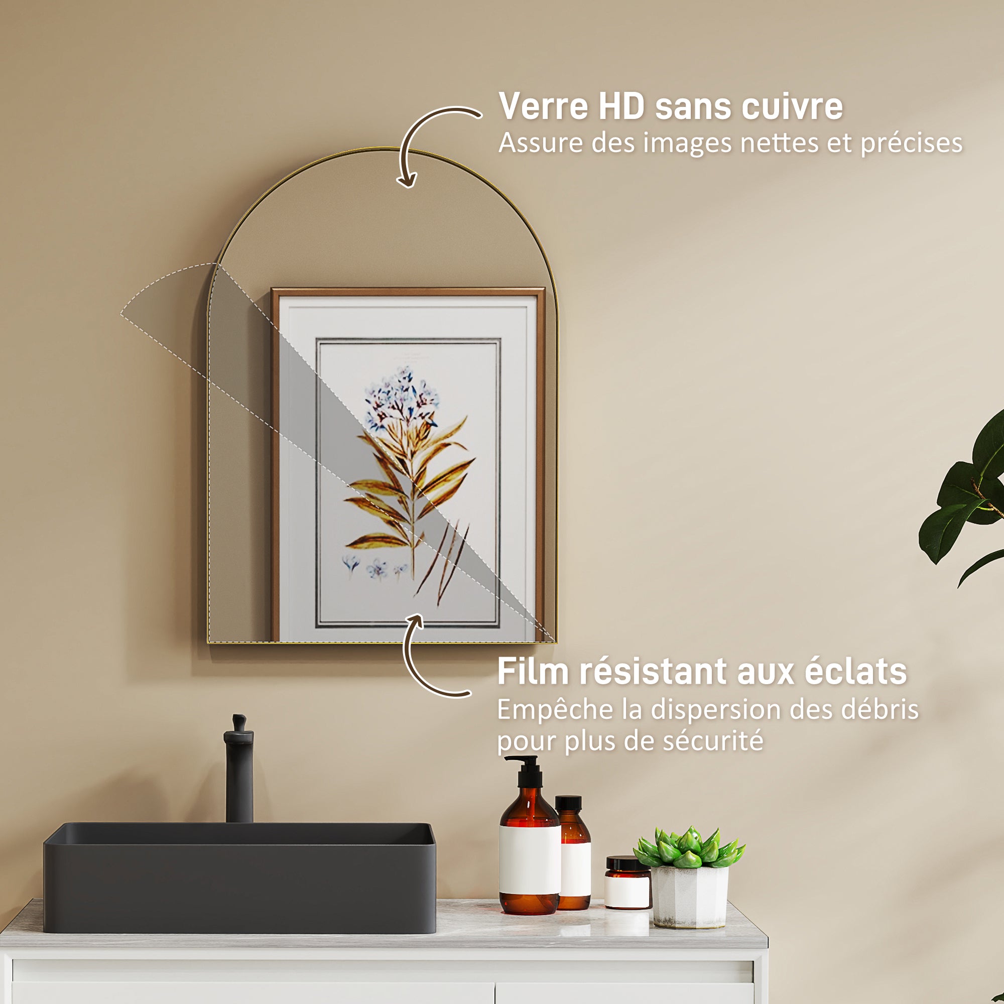 Arched Wall Mirror, Bathroom Mirror, 50 x 70 cm, high definition, with aluminum alloy frame, for bedroom, living room, entryway, gold