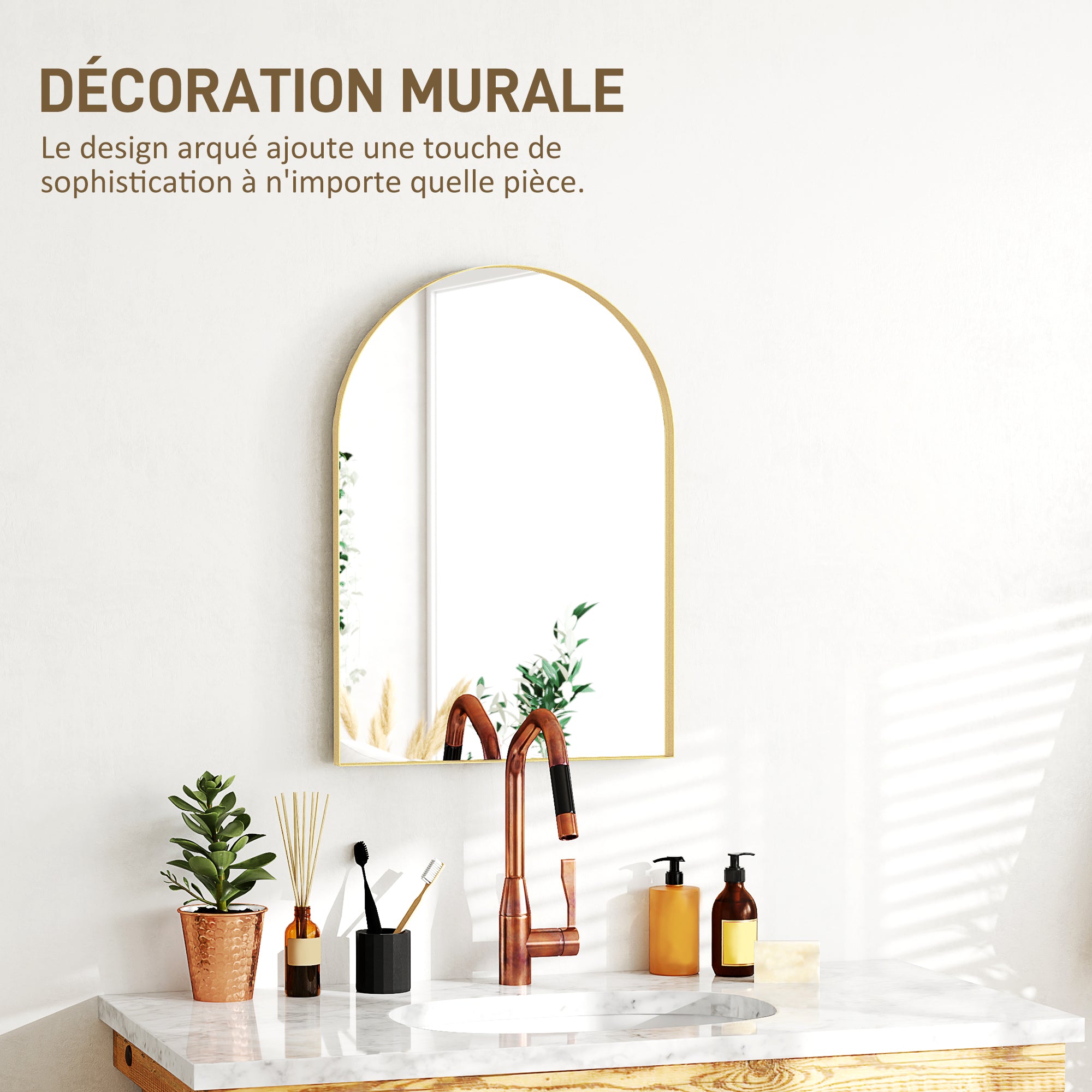 Arched Wall Mirror, Bathroom Mirror, 50 x 70 cm, high definition, with aluminum alloy frame, for bedroom, living room, entryway, gold