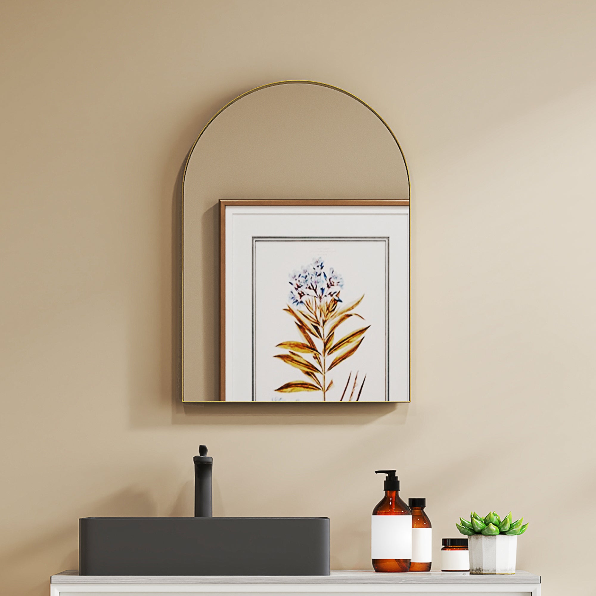 Arched Wall Mirror, Bathroom Mirror, 50 x 70 cm, high definition, with aluminum alloy frame, for bedroom, living room, entryway, gold