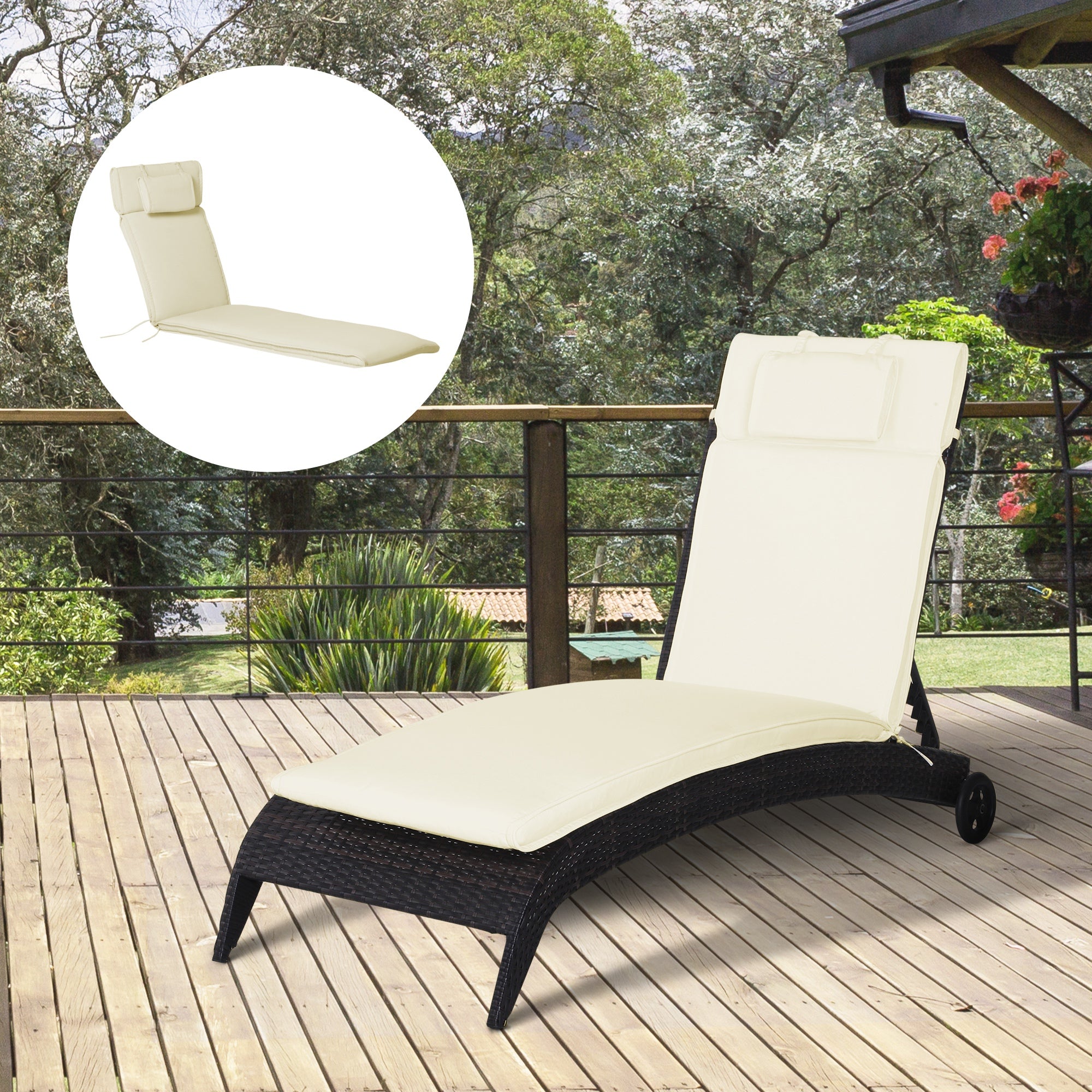 Sun Lounger Cushion with Pillow Removable Polyester + Cotton Fiber Cover Off-white 198 x 53 x 5 cm