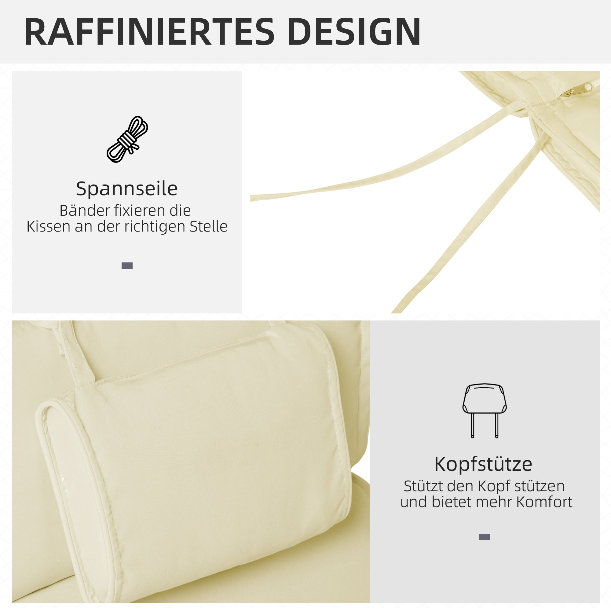 Sun Lounger Cushion with Pillow Removable Polyester + Cotton Fiber Cover Off-white 198 x 53 x 5 cm