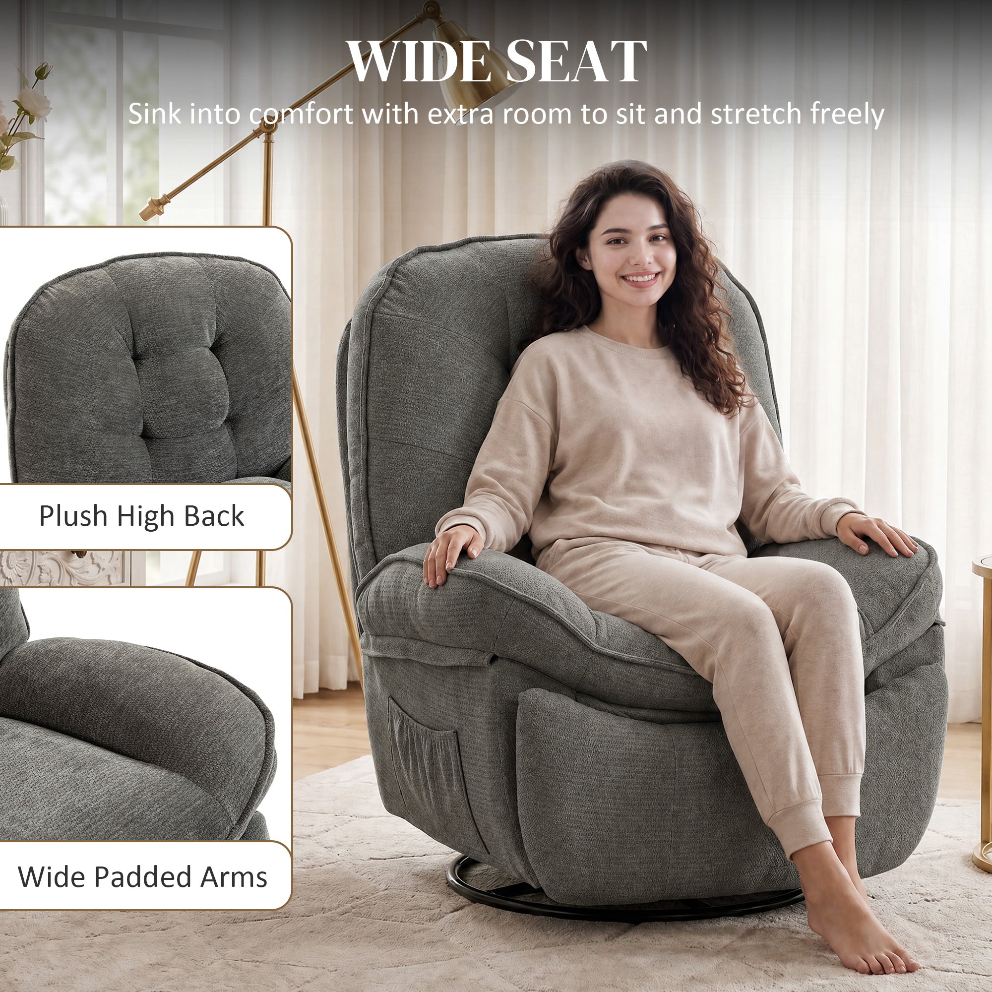 Relax Recliner, 360° Swivel & Rocking Chair, Manual Chenille Armchair with Wide Seat, High Back, Footrest & Side Pockets, Light Gray