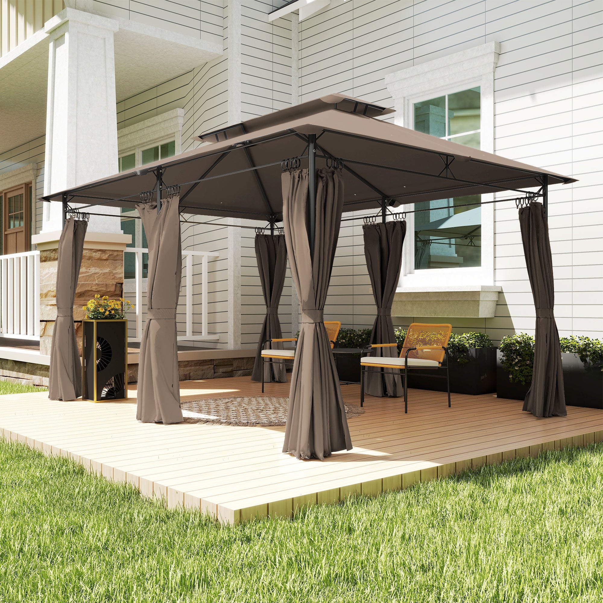 Outdoor Gazebo 13' x 9.8' (4 x 3 m) — Double-Vent Roof, 6 Metal Posts, 12 Drainage Outlets — Khaki