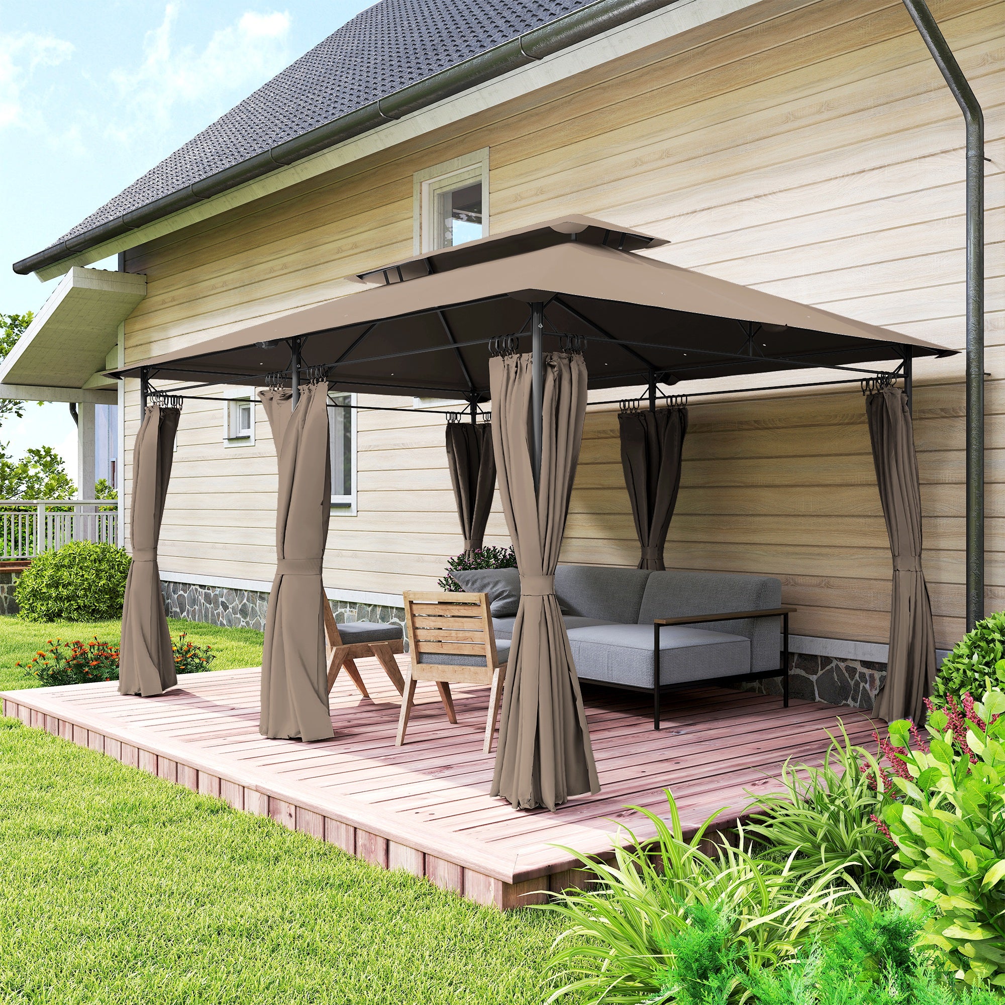 Outdoor Gazebo 13' x 9.8' (4 x 3 m) — Double-Vent Roof, 6 Metal Posts, 12 Drainage Outlets — Khaki