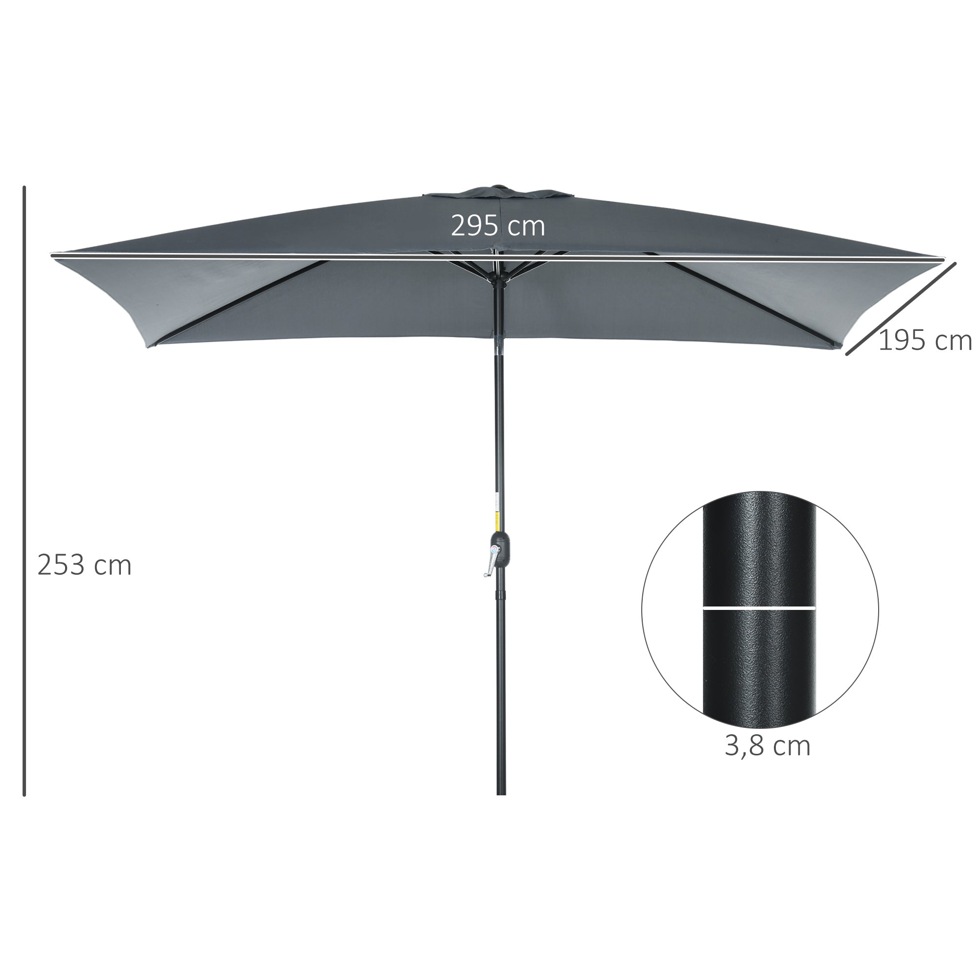 Aluminum Umbrella 200x300x253 cm Rectangular Garden Parasol with Crank and Detachable Anti-UV Pole for Terrace Poolside Outdoor Patio, Gray