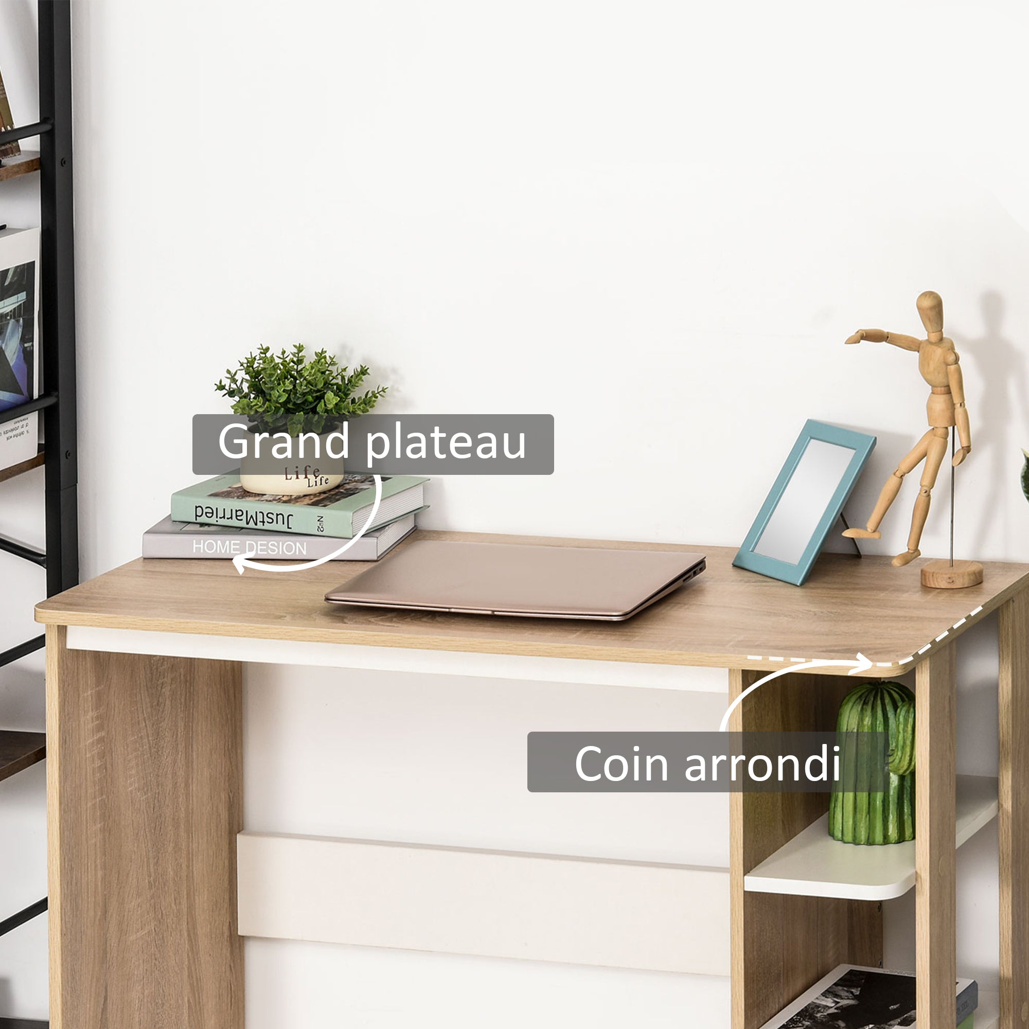 Computer Desk Computer Table dim. 100L x 44W x 74H cm 3 Side Shelves Wooden Light Oak White