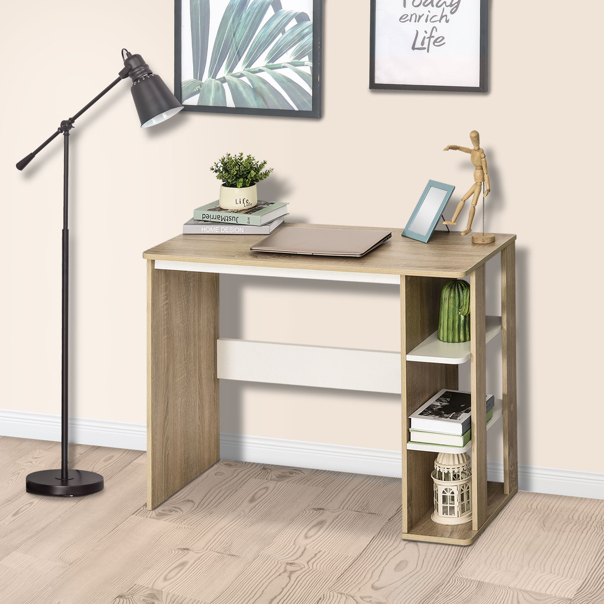 Computer Desk Computer Table dim. 100L x 44W x 74H cm 3 Side Shelves Wooden Light Oak White