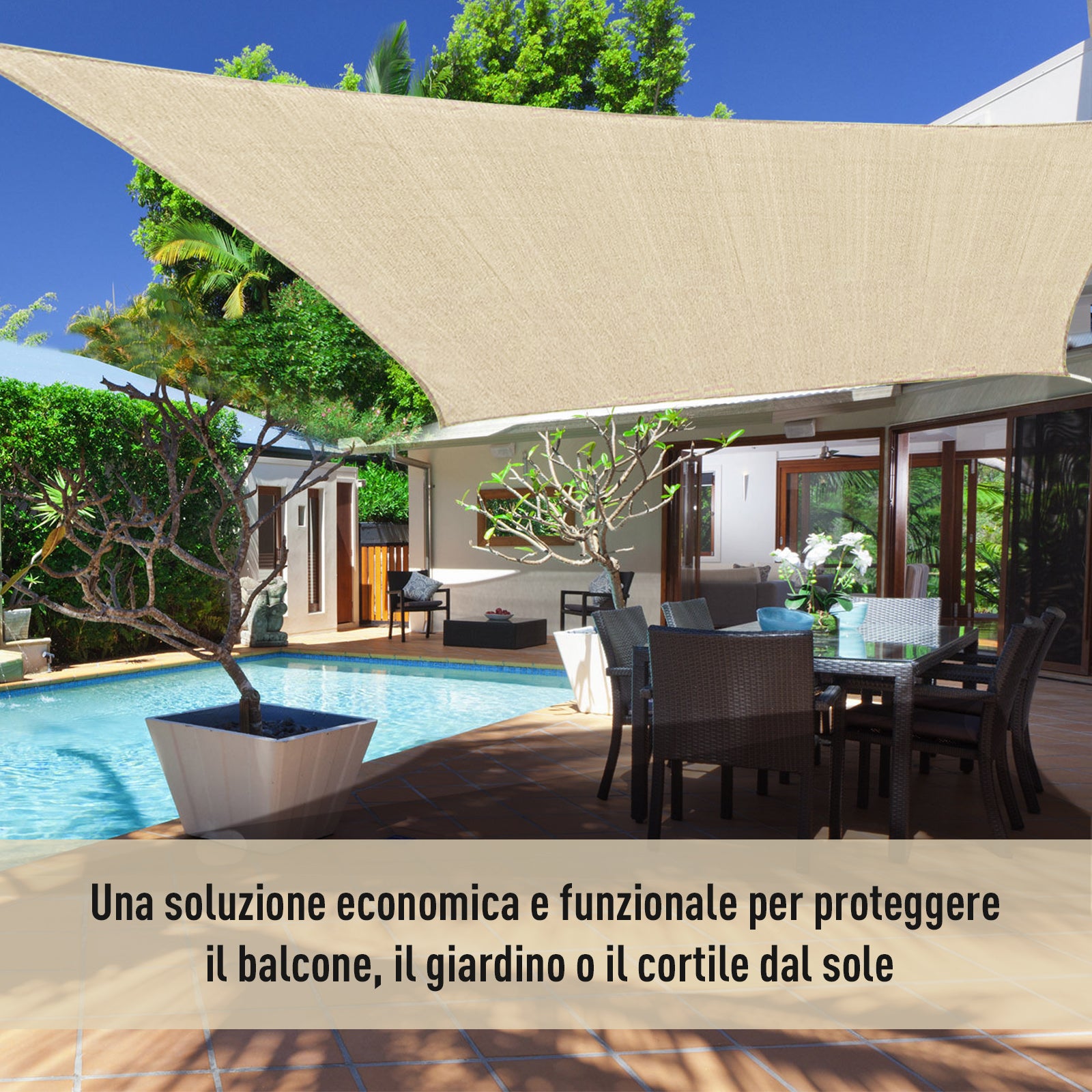 Square Sun Shade Sail for Outdoor in Breathable HDPE, UV Protection 95%, 360x360 cm