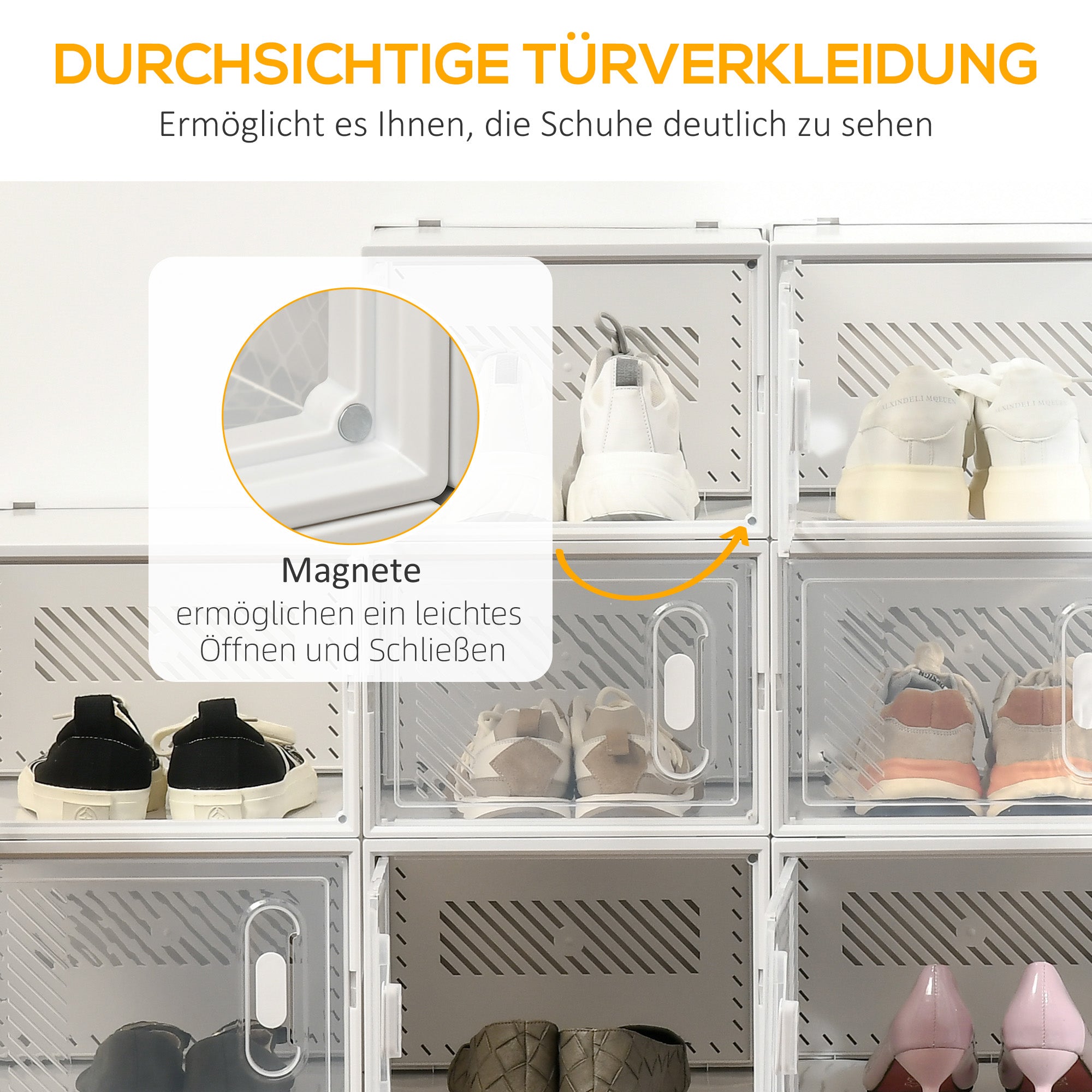 18-Piece Shoe Box Set, Shoe Organizer with Magnetic Doors, Shoe Box with Lid, Plastic Shoe Storage for Shoes up to Size 45, Transparent+White