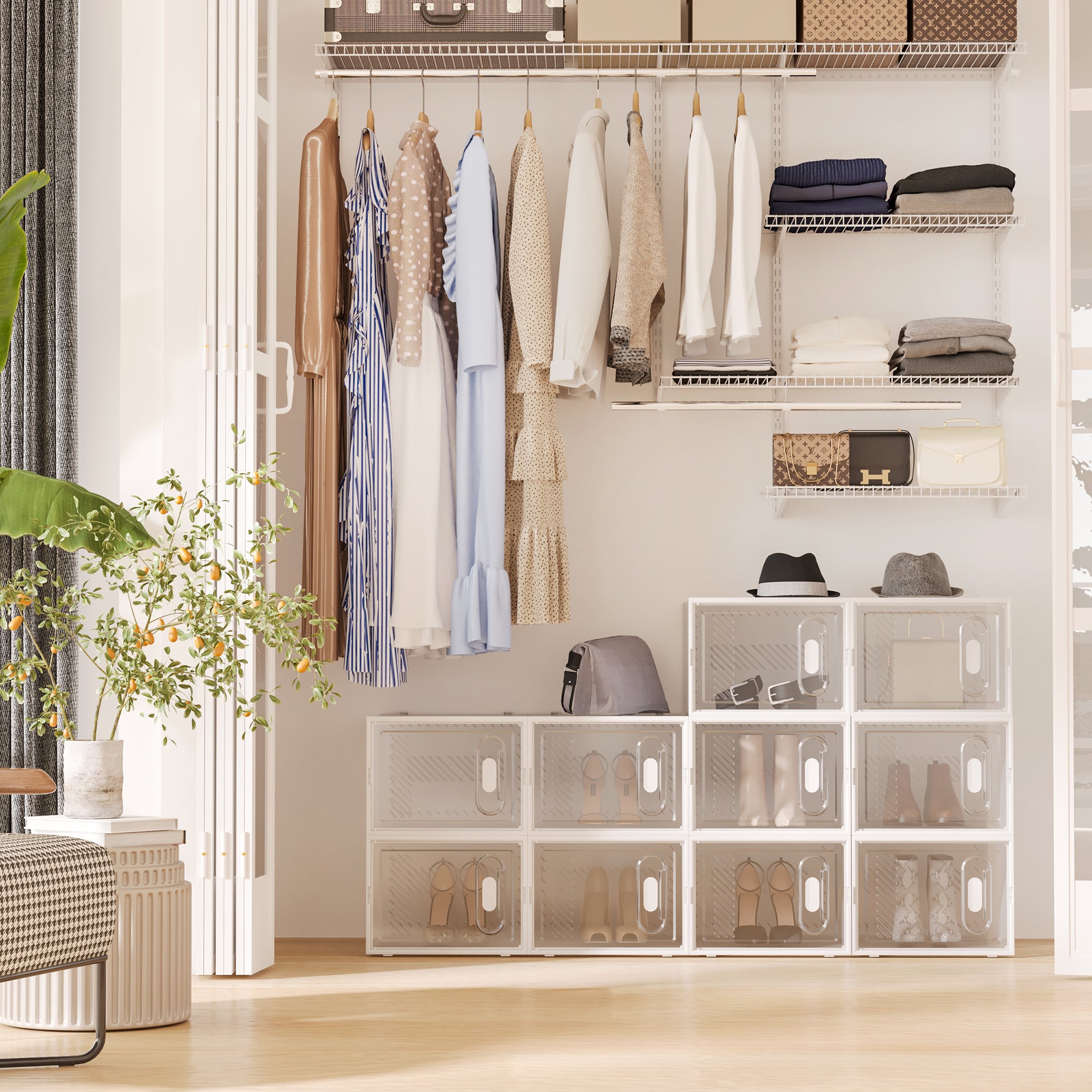 18-Piece Shoe Box Set, Shoe Organizer with Magnetic Doors, Shoe Box with Lid, Plastic Shoe Storage for Shoes up to Size 45, Transparent+White