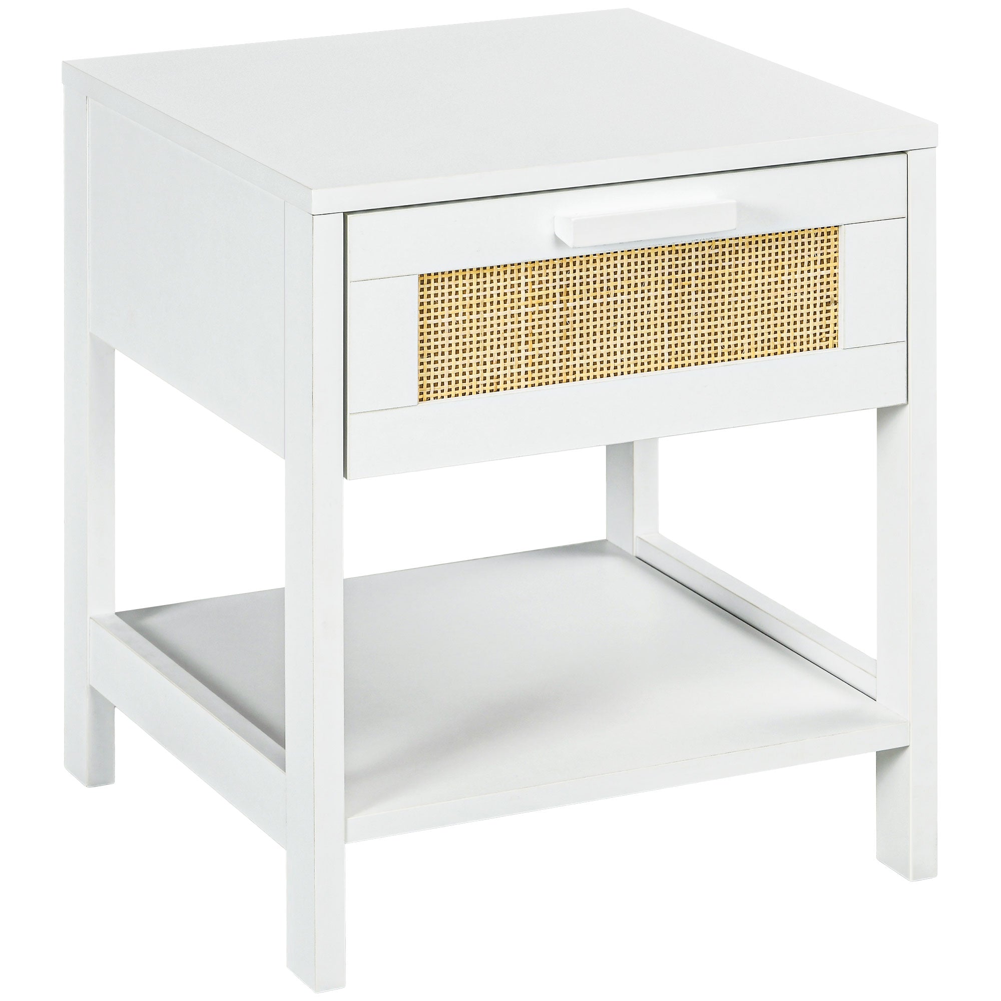 Bedside Table Nightstand with Drawer and Shelf, Rattan Cane, Dim. 40L x 40W x 48H cm White