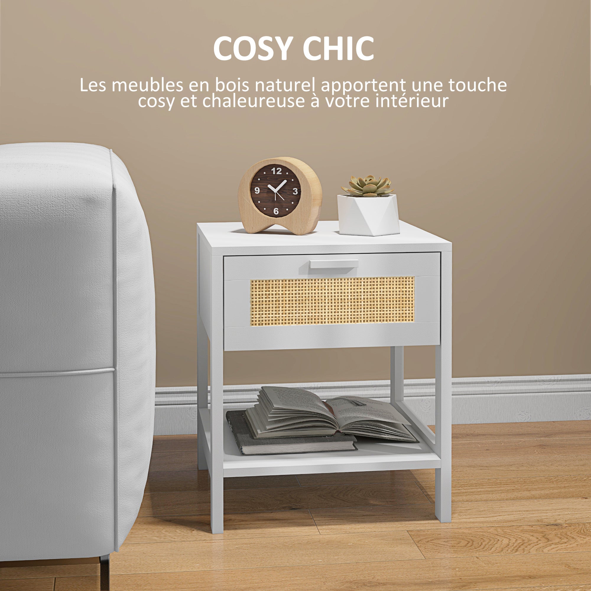 Bedside Table Nightstand with Drawer and Shelf, Rattan Cane, Dim. 40L x 40W x 48H cm White