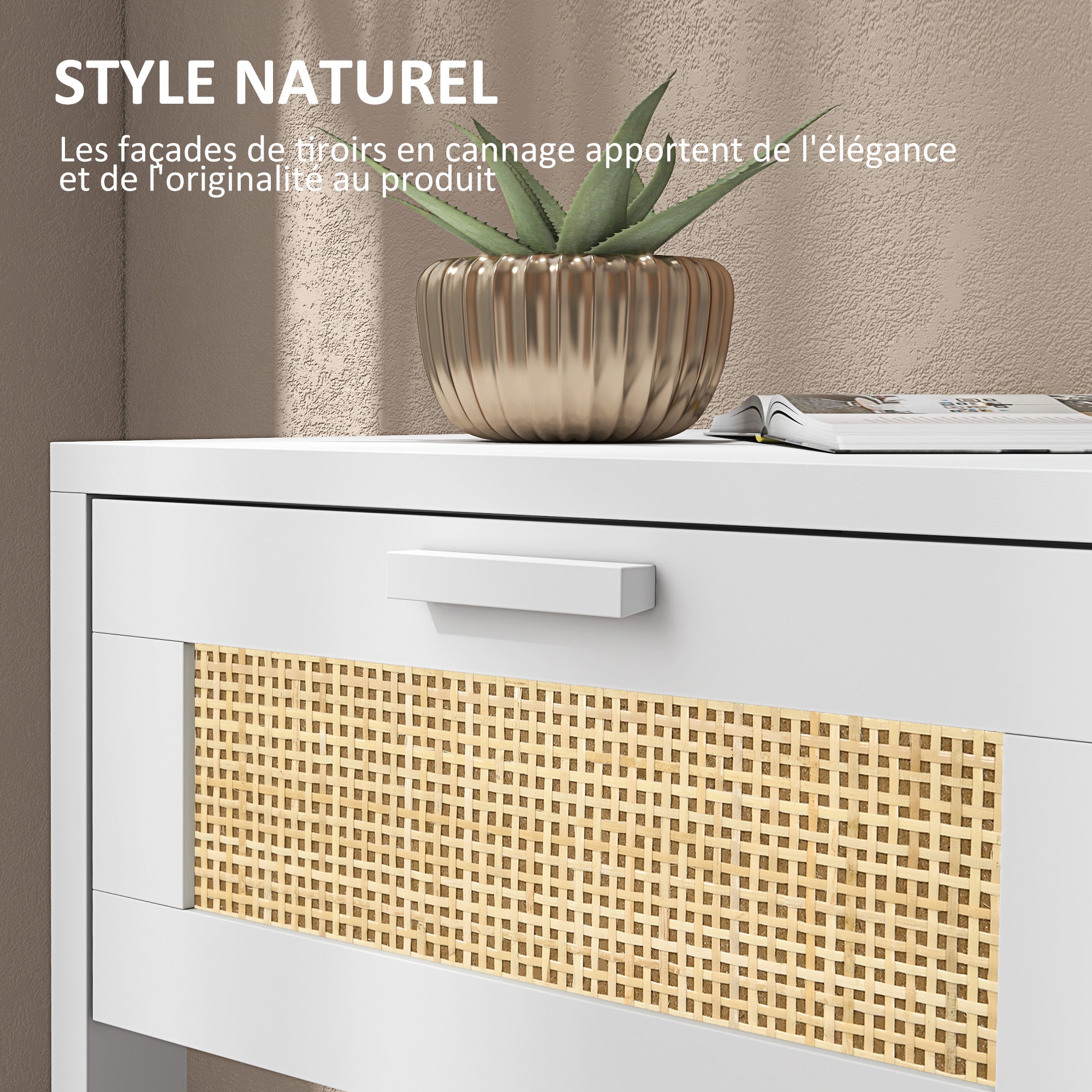 Bedside Table Nightstand with Drawer and Shelf, Rattan Cane, Dim. 40L x 40W x 48H cm White