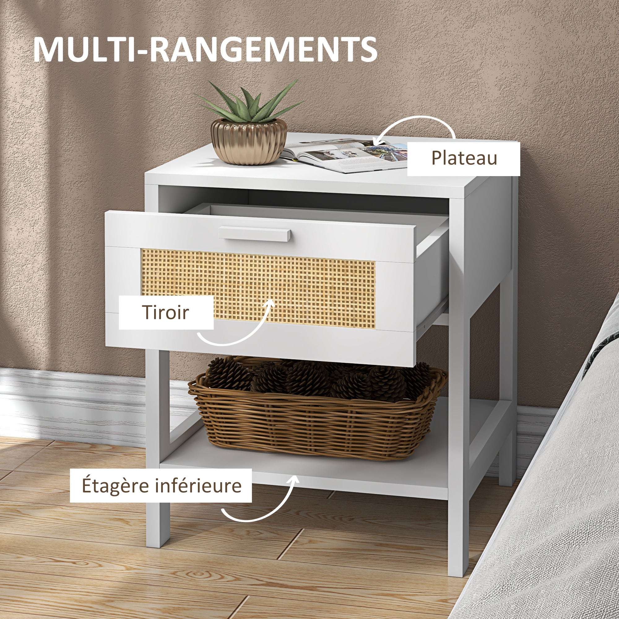 Bedside Table Nightstand with Drawer and Shelf, Rattan Cane, Dim. 40L x 40W x 48H cm White