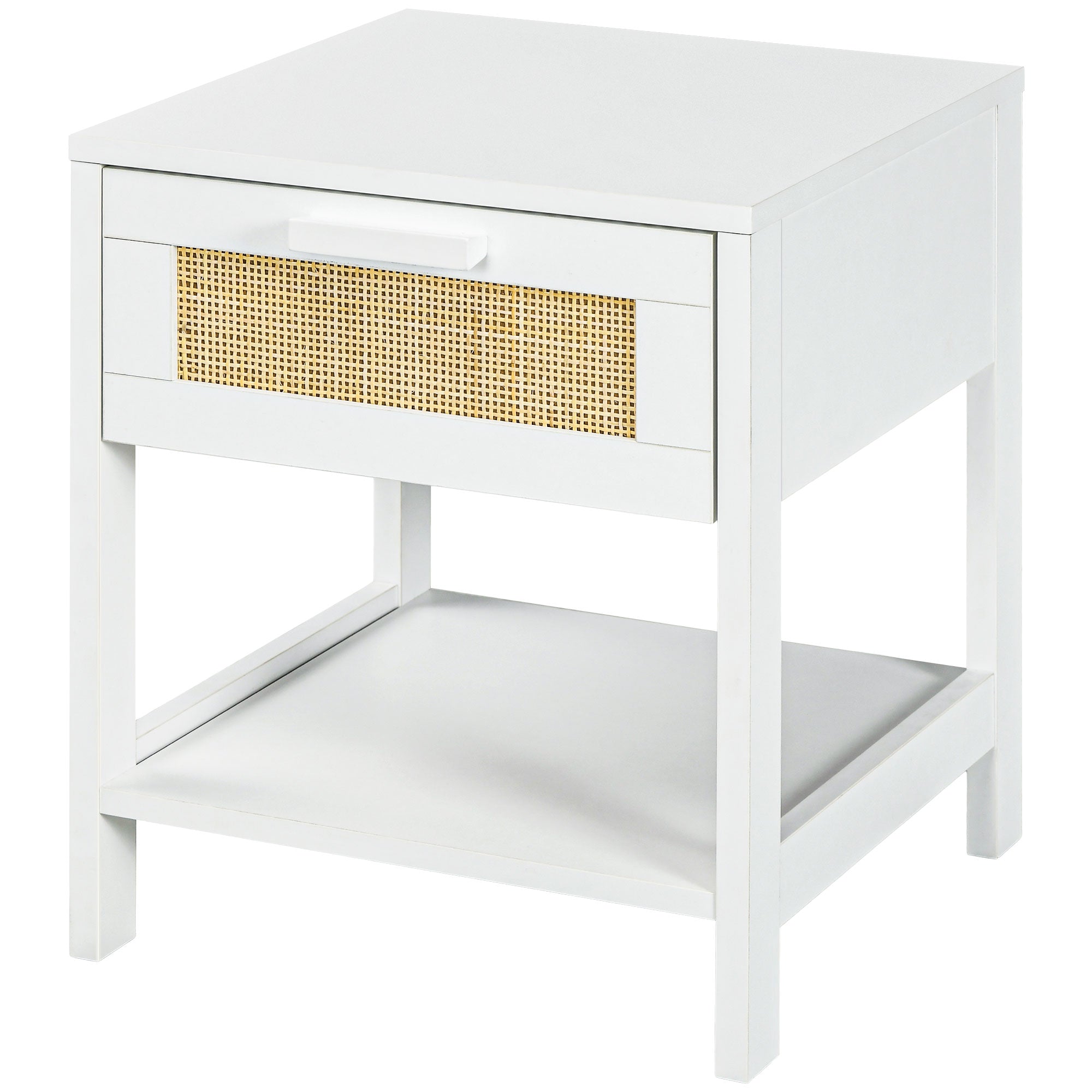 Bedside Table Nightstand with Drawer and Shelf, Rattan Cane, Dim. 40L x 40W x 48H cm White