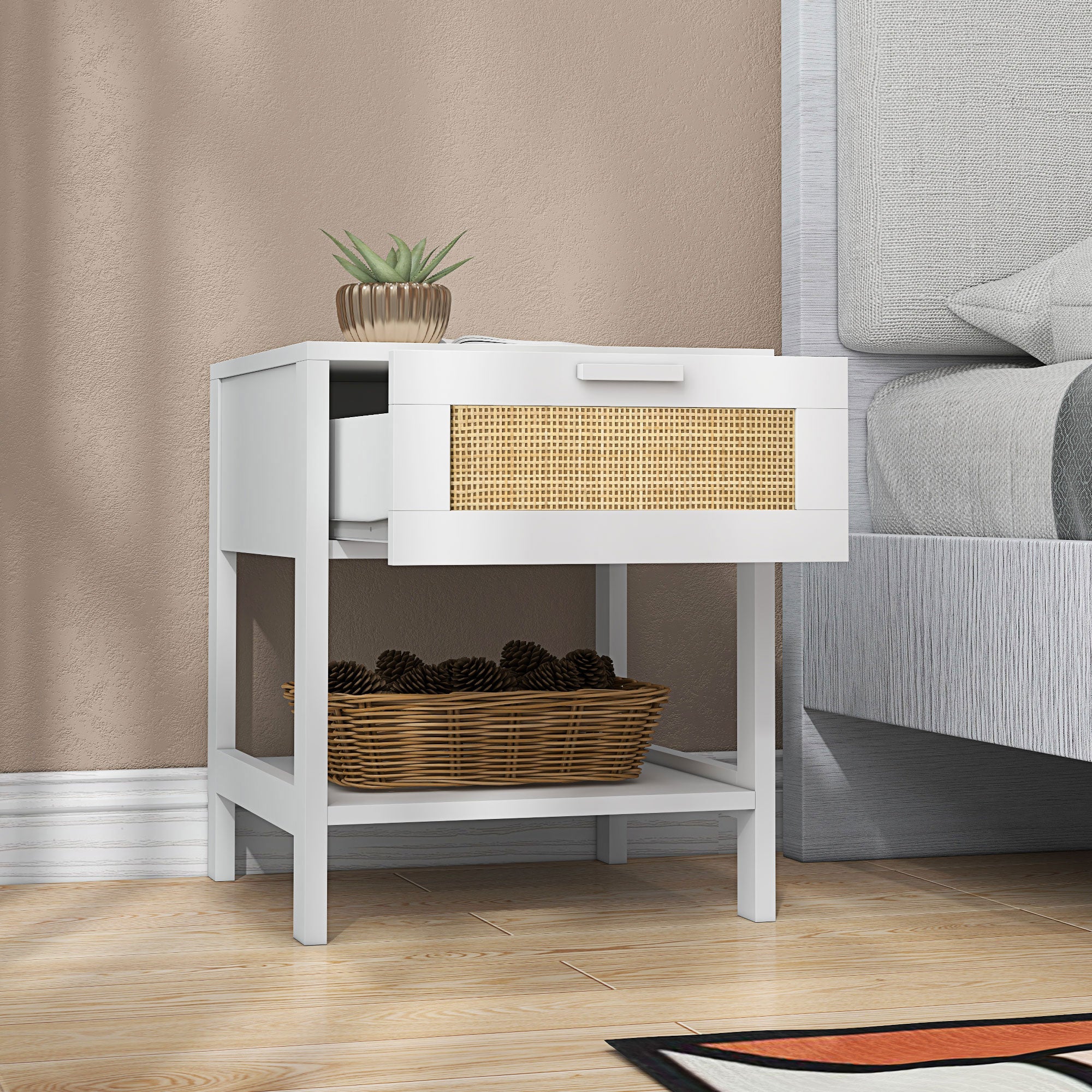 Bedside Table Nightstand with Drawer and Shelf, Rattan Cane, Dim. 40L x 40W x 48H cm White