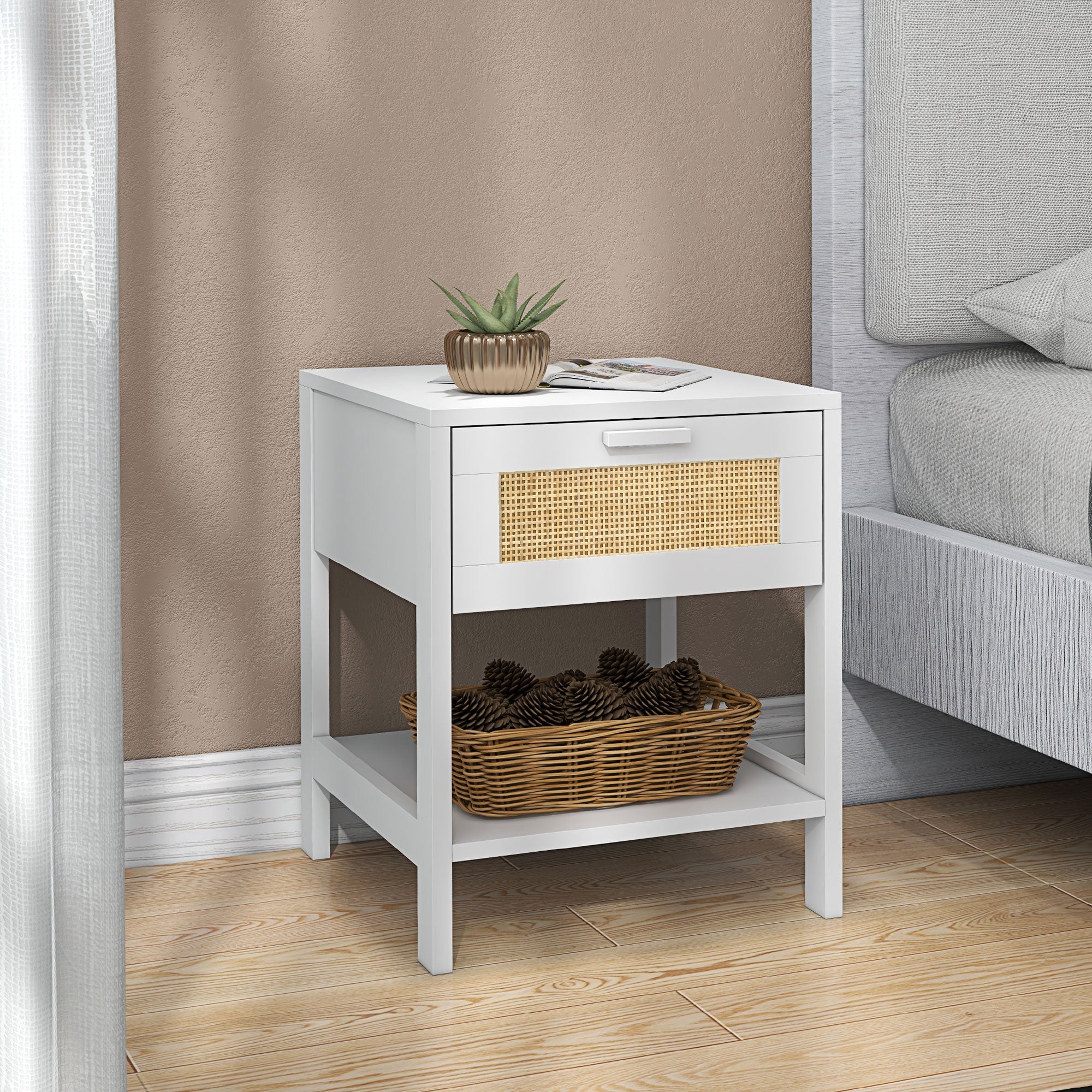 Bedside Table Nightstand with Drawer and Shelf, Rattan Cane, Dim. 40L x 40W x 48H cm White