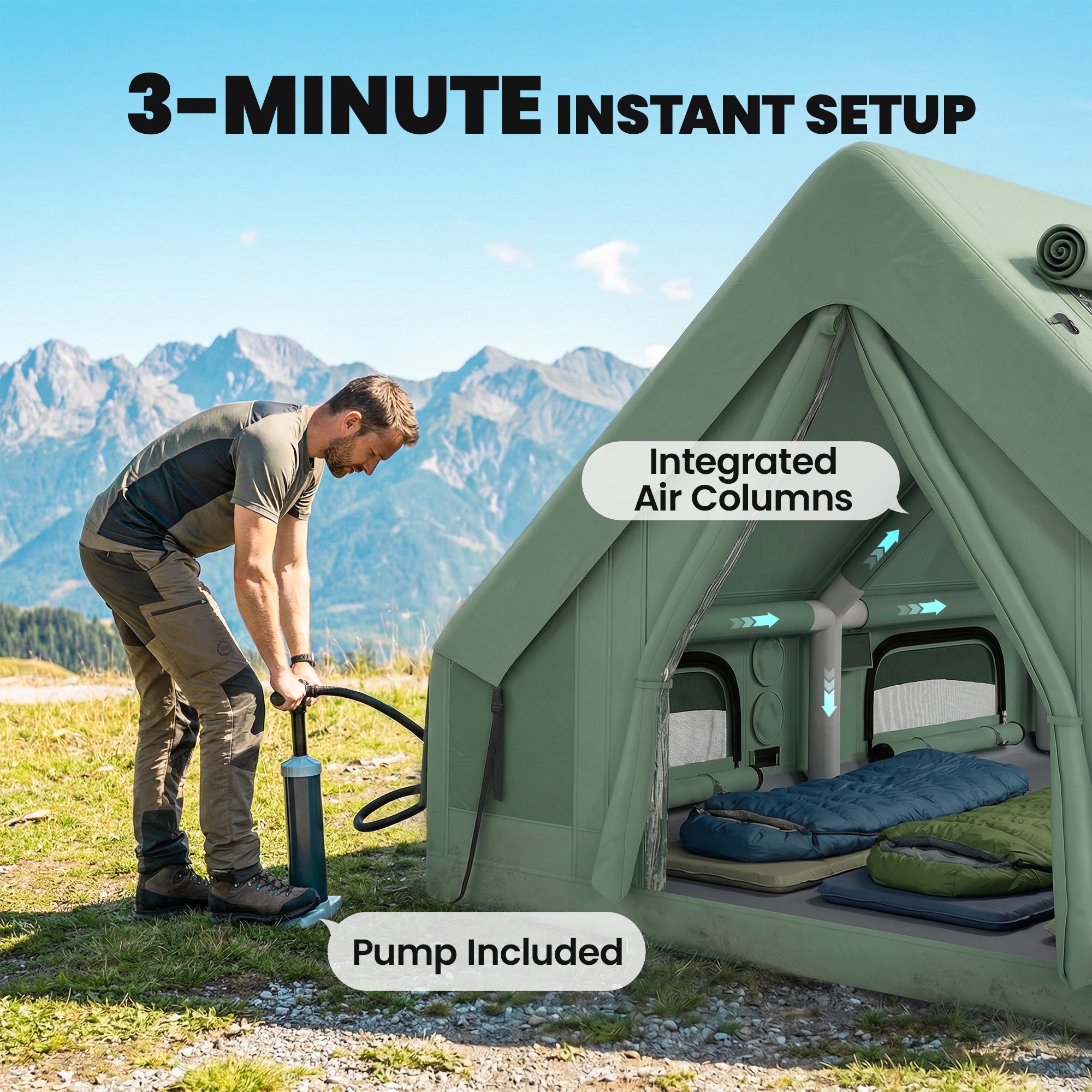 Inflatable Tent for 8–10 People — Fast Setup, 4-Season Waterproof Glamping Tent with Stove Port, Skylights, AC/Cable Entry, Oxford Fabric