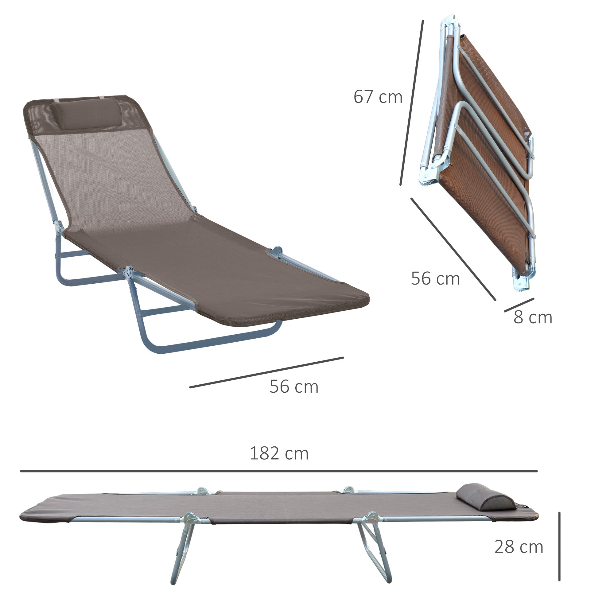 Folding Sun Lounger Garden Lounger with Head Pillow Adjustable Sunlounger up to 120kg Load Capacity for Garden, Balcony, and Pool, 4 Colors (Brown)