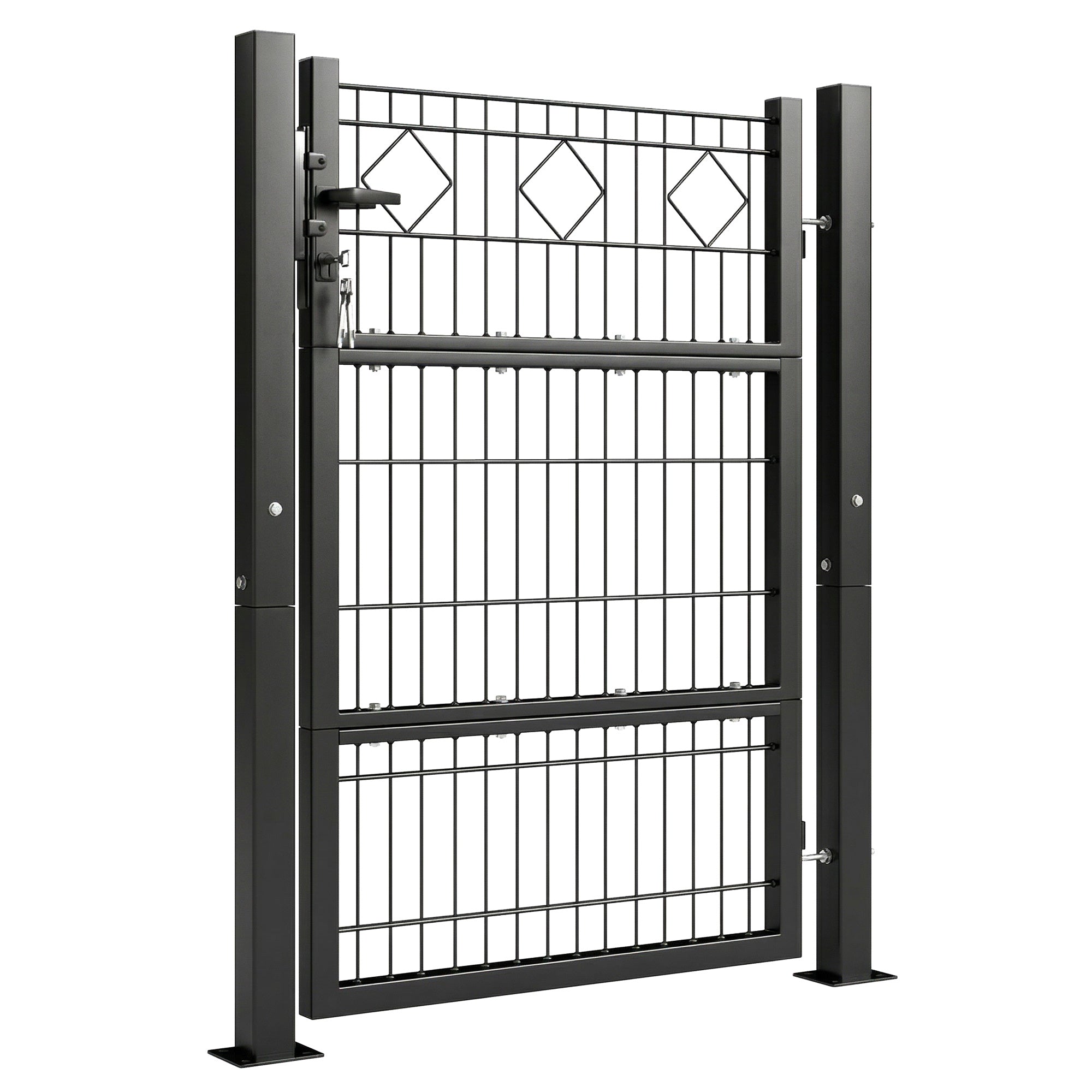 Galvanized Metal Garden Gate 39.4 x 51.6 in with Handle, Lock & 3 Keys, 2 Posts - Dark Gray