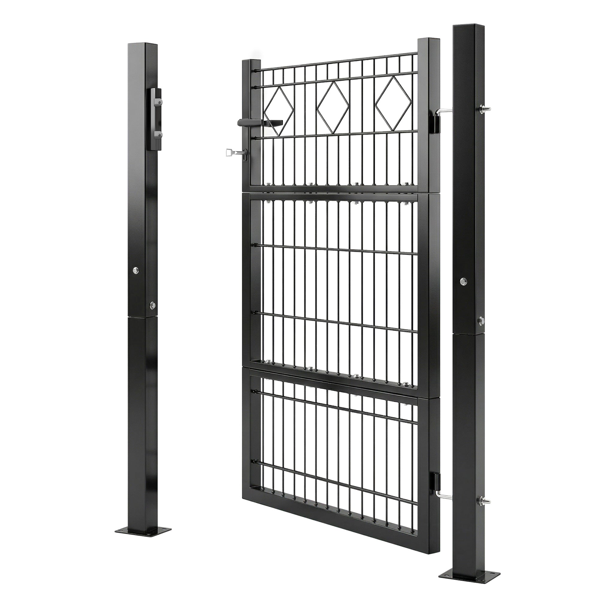 Galvanized Metal Garden Gate 39.4 x 51.6 in with Handle, Lock & 3 Keys, 2 Posts - Dark Gray