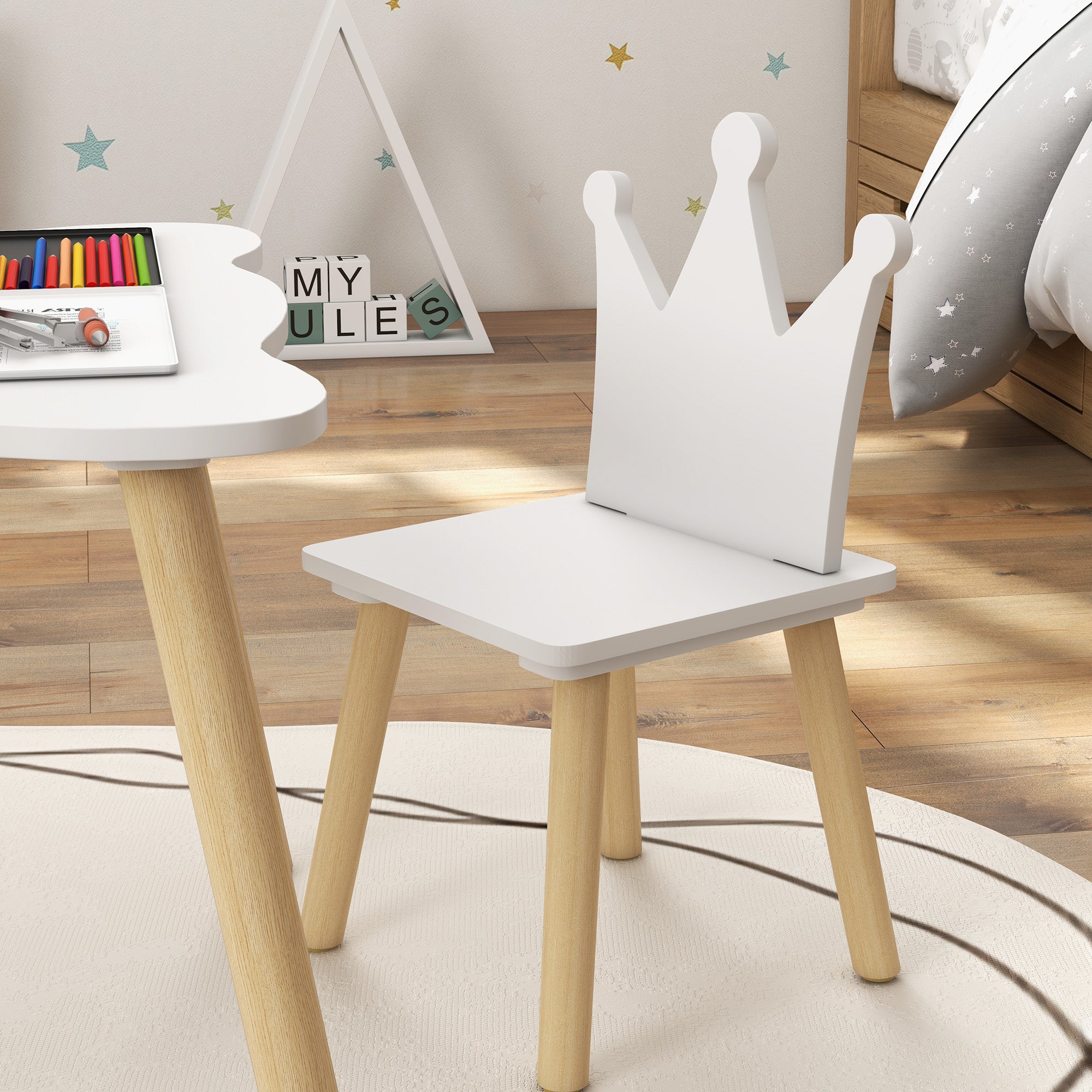 3-Piece Children's Table and Chairs Set Children's Table with 2 Chairs with Crown Backrest for Kids 3-6 Years for Playroom Bedroom Nursery White