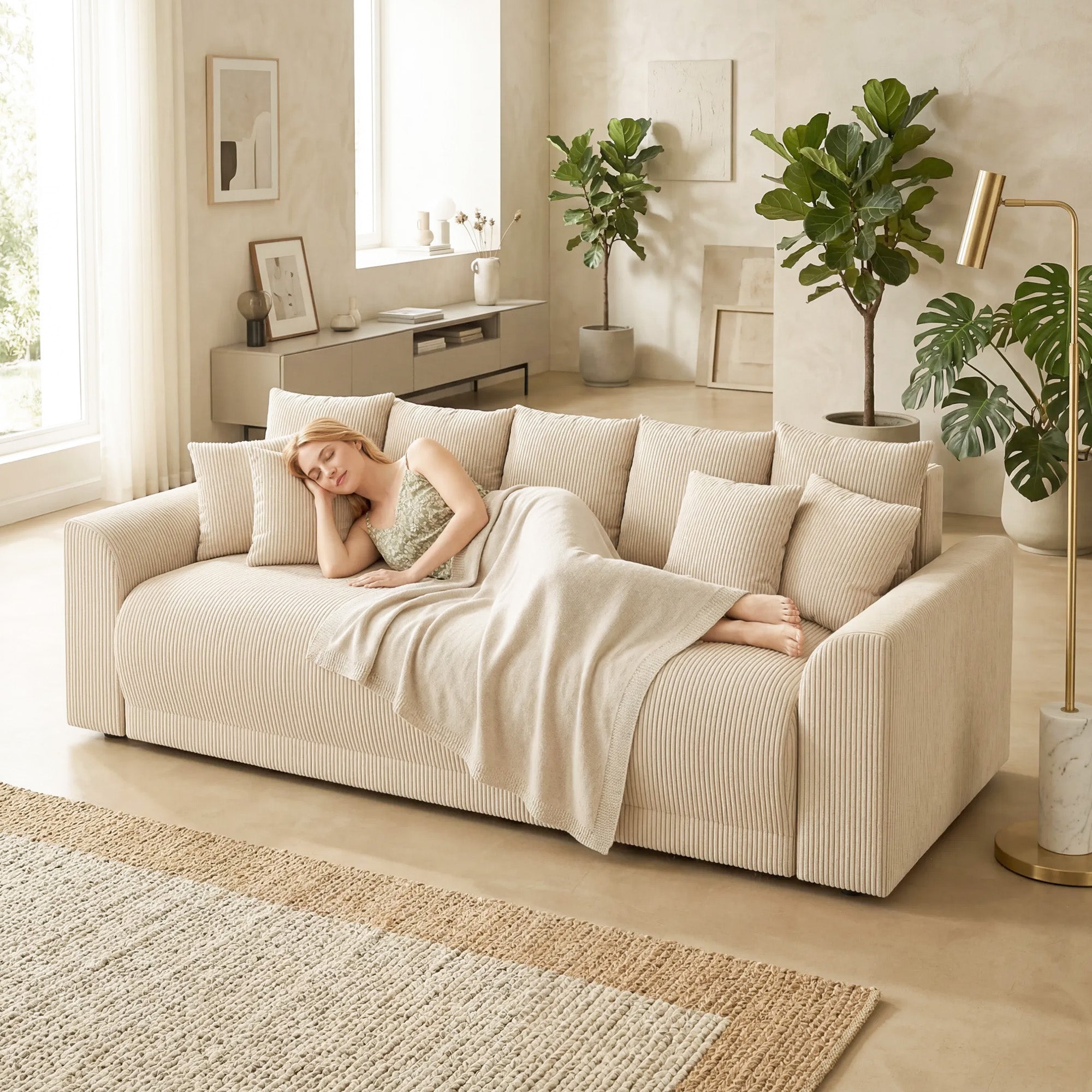 3-Seater Sofa Bed with Storage, Wide Deep Seat & 9 Cushions, Corduroy - Beige (Converts to 74.8" x 59.1" Bed)
