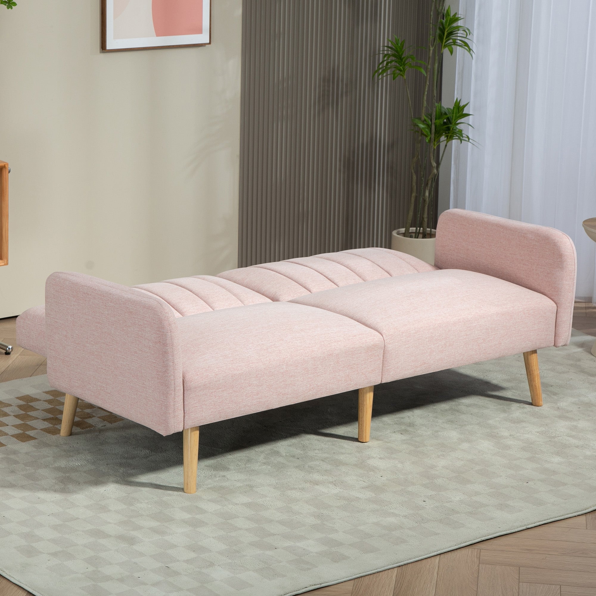2-Seater Modern Sofa Bed 173x75x73 cm Foldable Sofa Bed Upholstered in Synthetic Linen with Adjustable 3-Level Backrest and Detachable Armrests for Living Room Office Pink