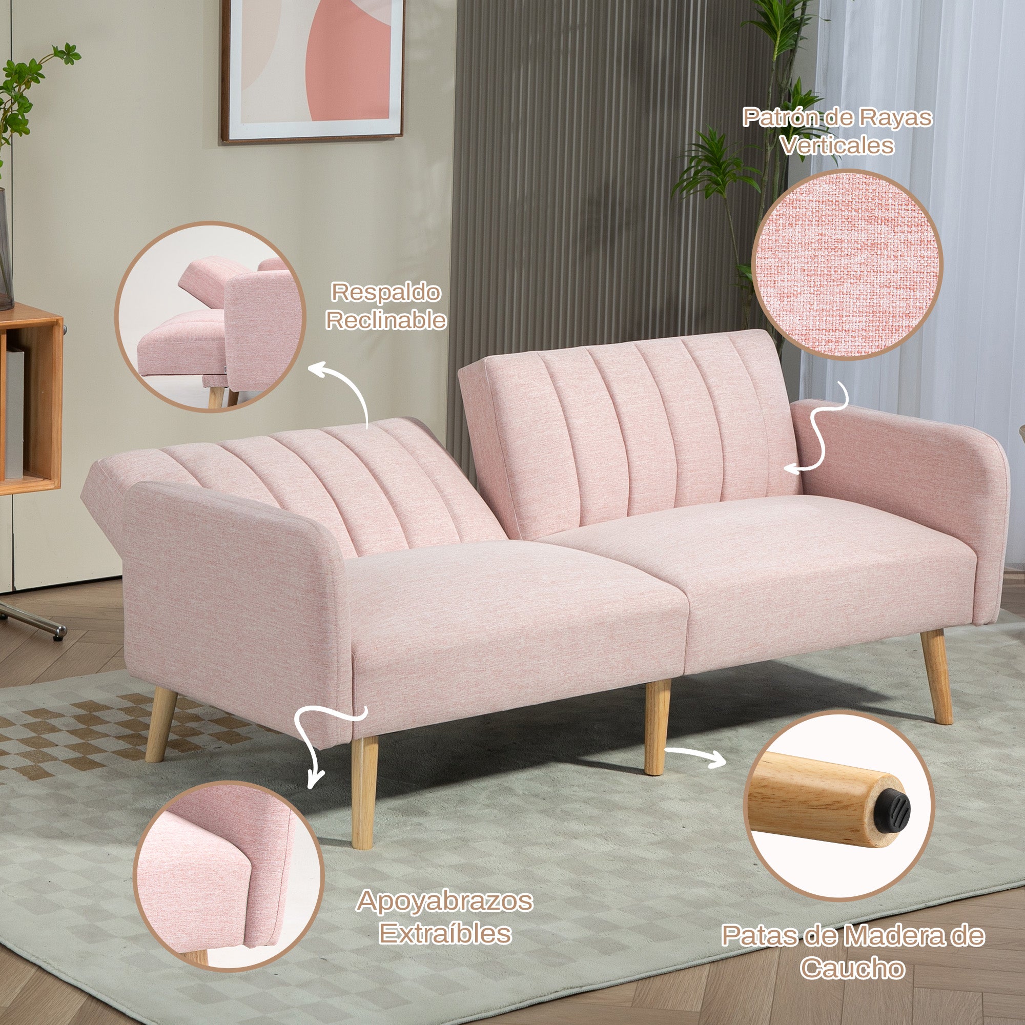 2-Seater Modern Sofa Bed 173x75x73 cm Foldable Sofa Bed Upholstered in Synthetic Linen with Adjustable 3-Level Backrest and Detachable Armrests for Living Room Office Pink