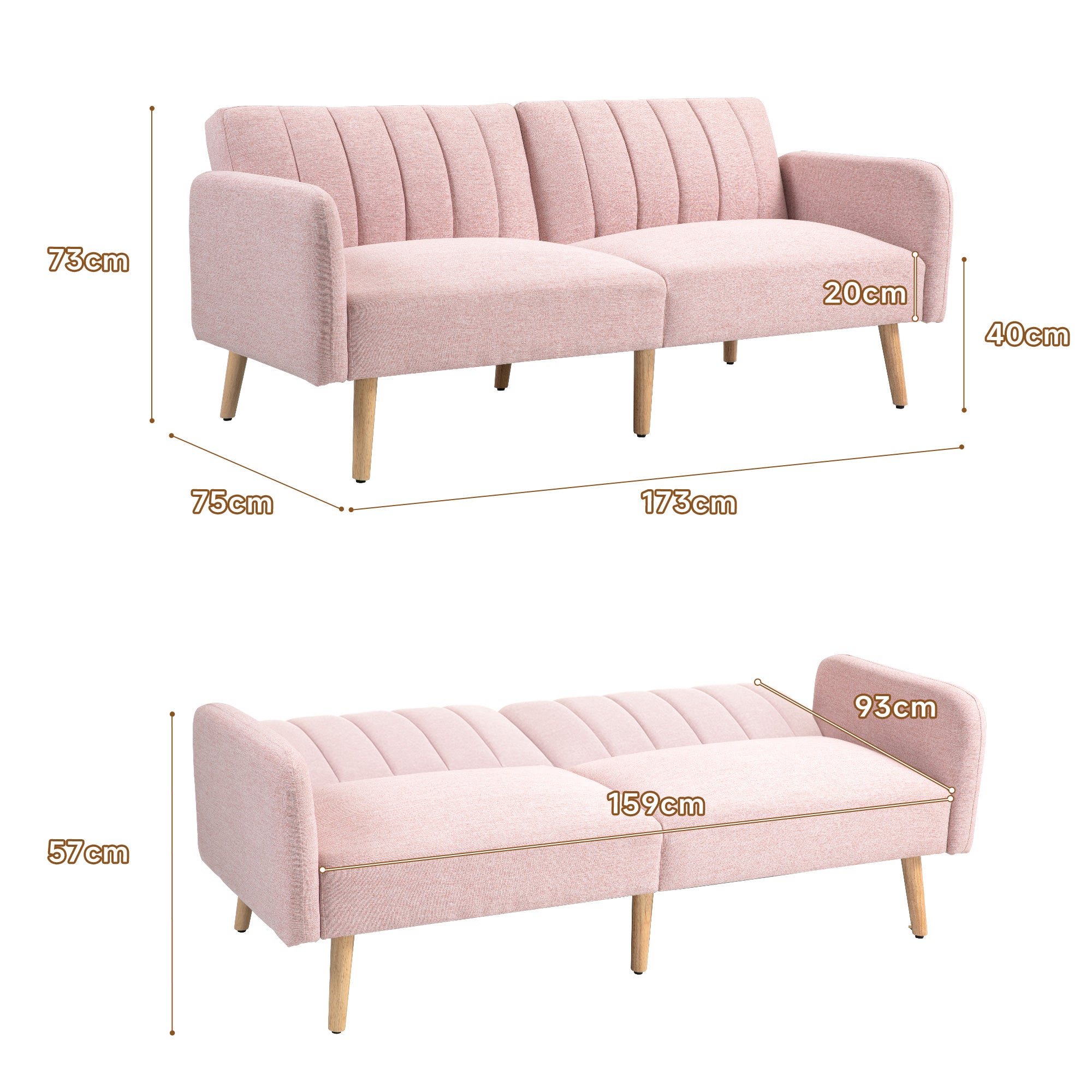 2-Seater Modern Sofa Bed 173x75x73 cm Foldable Sofa Bed Upholstered in Synthetic Linen with Adjustable 3-Level Backrest and Detachable Armrests for Living Room Office Pink