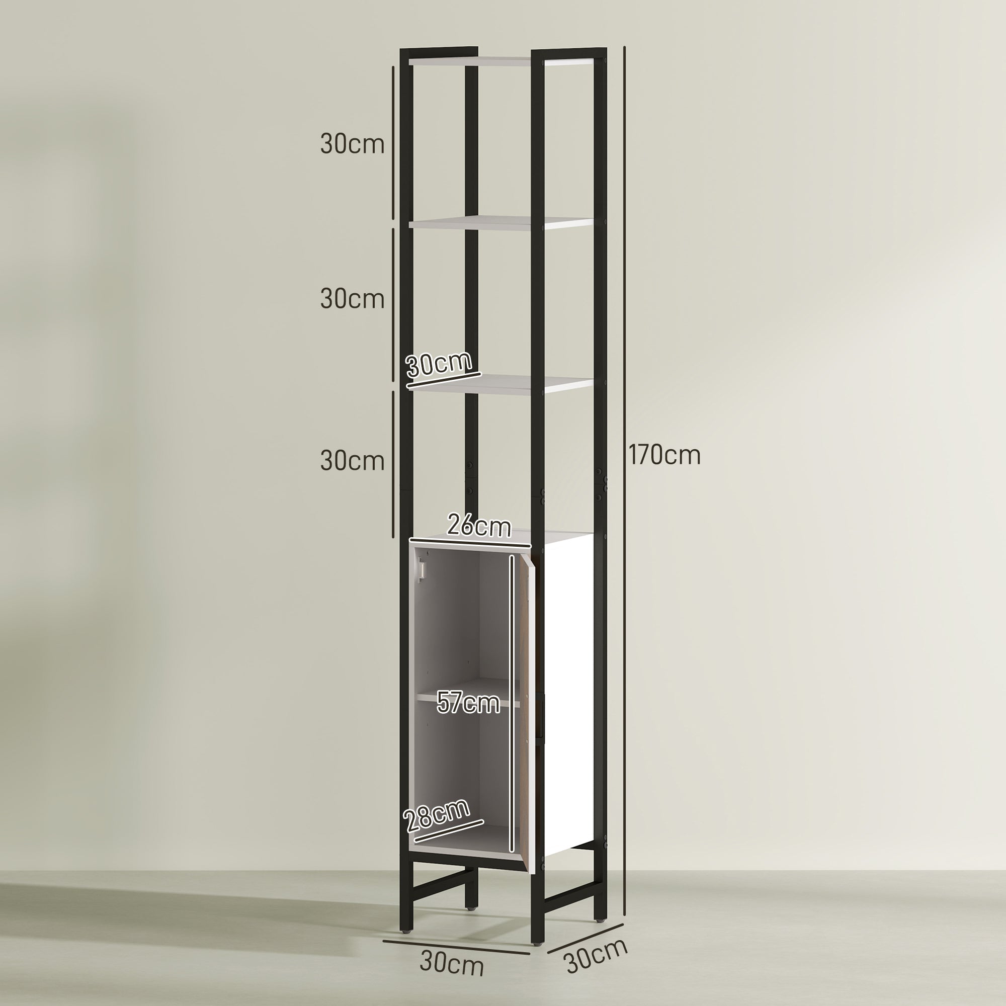 Bathroom Tall Cabinet Bathroom Column with 3 Open Shelves 1 Door and Adjustable Shelf Bathroom Side Cabinet with Anti-Tip System 30x30x170 cm White and Walnut