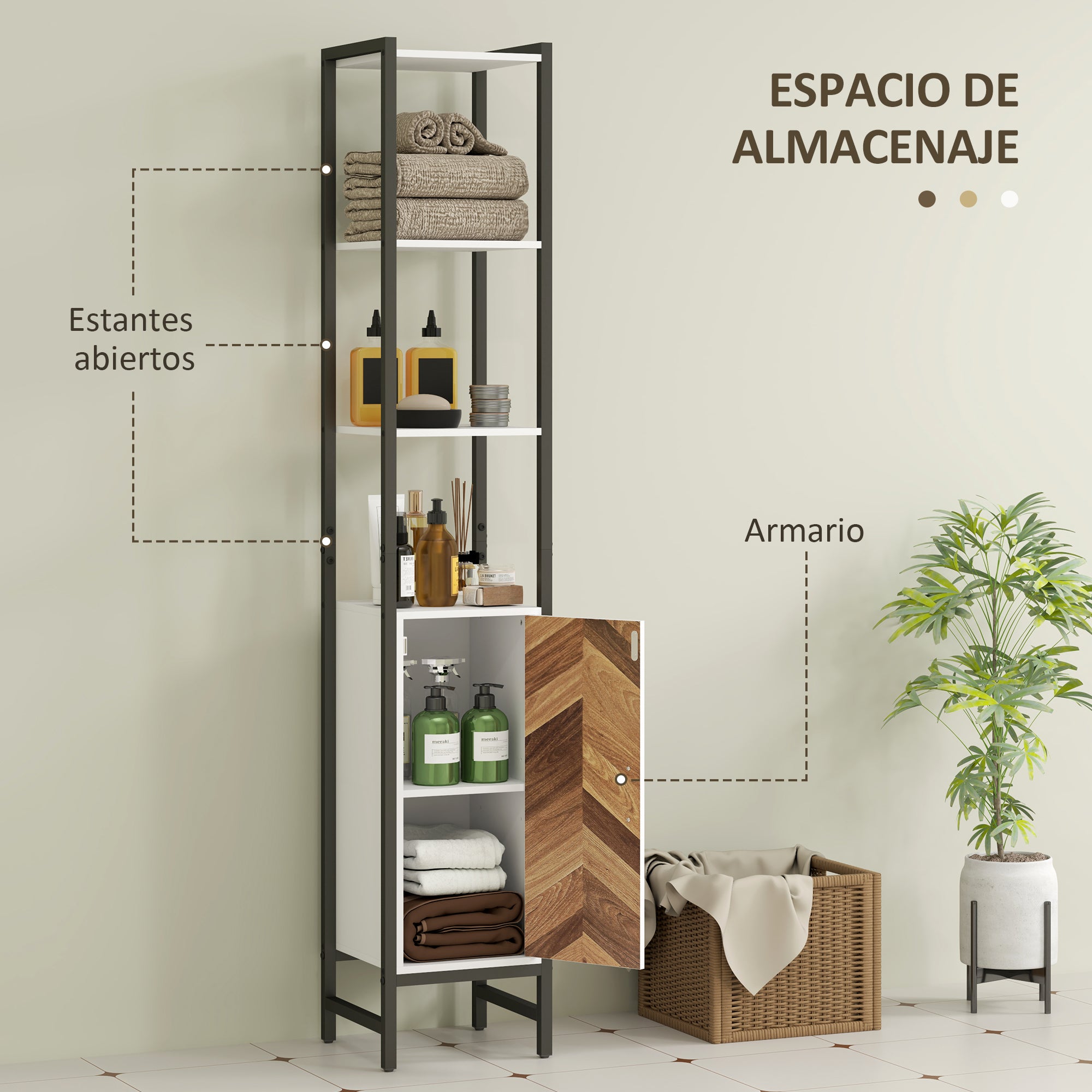 Bathroom Tall Cabinet Bathroom Column with 3 Open Shelves 1 Door and Adjustable Shelf Bathroom Side Cabinet with Anti-Tip System 30x30x170 cm White and Walnut