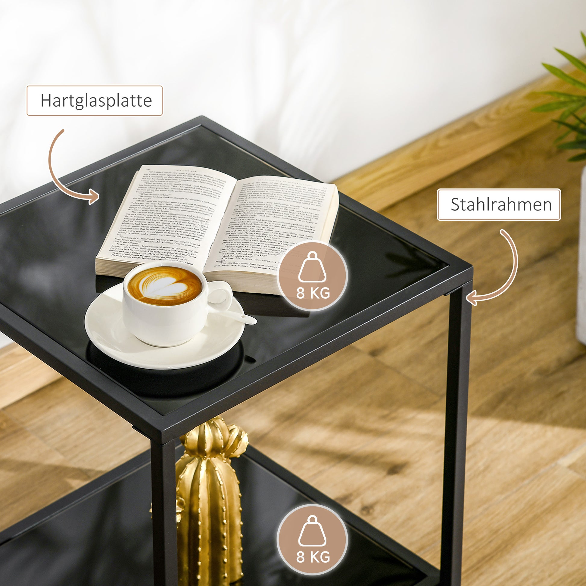 Side Table Square Coffee Table with 2 Levels, Living Room Table made of Tempered Glass and Steel, Coffee Table for Living Room Bedroom 40 x 40 x 50 cm Black