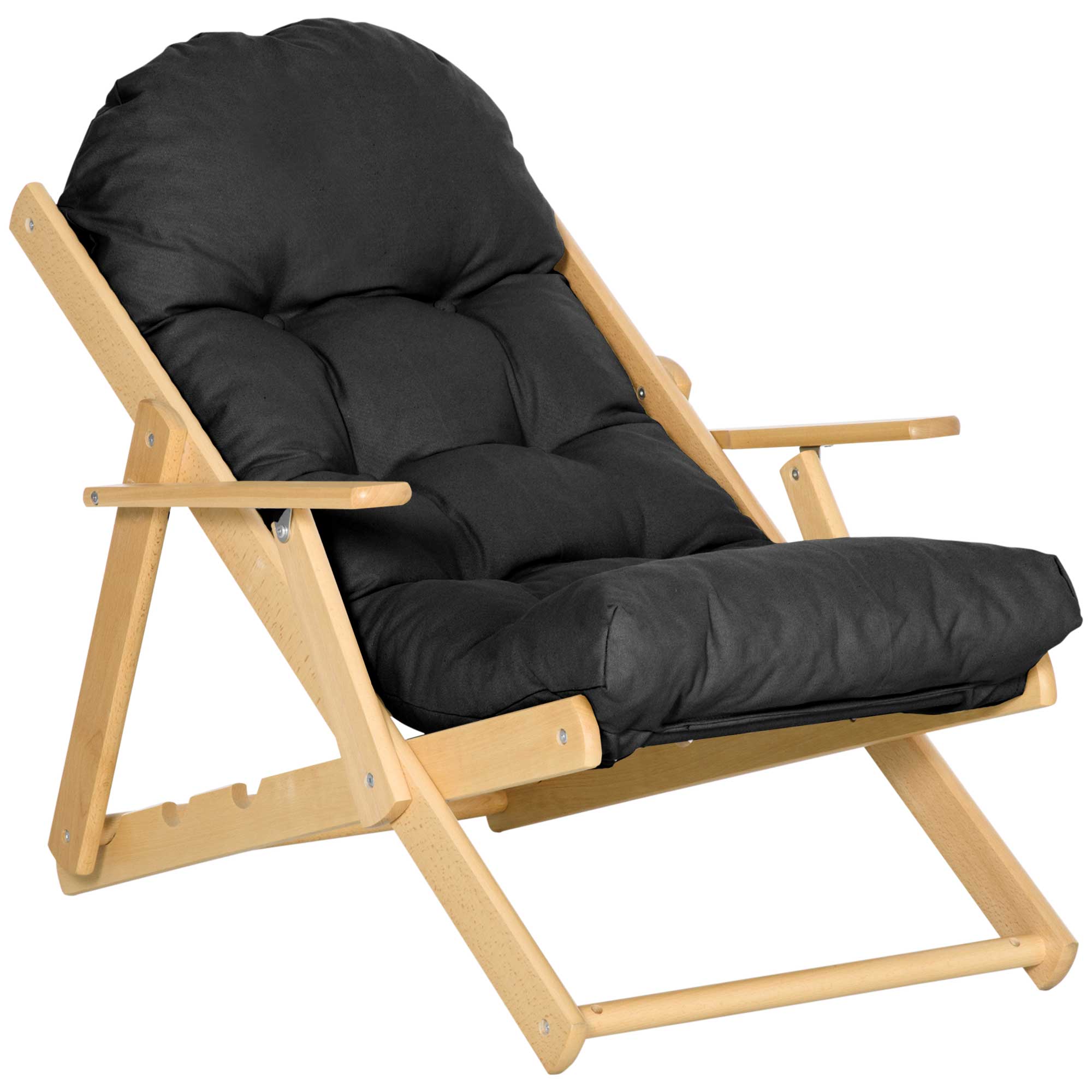 Foldable and Reclining Wooden Lounge Chair with Thick Padded Tufted Cushion - 71 x 89 x 96 cm Black